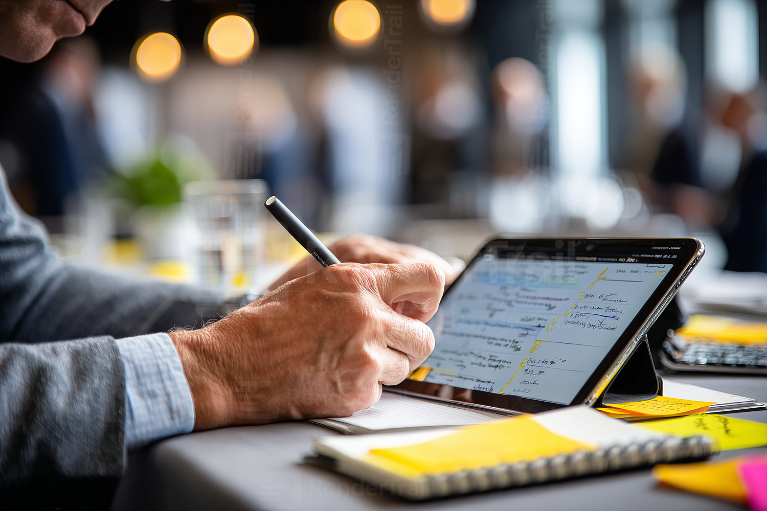 Notes taken on a tablet during a conference in a modern event space with people networking in the background