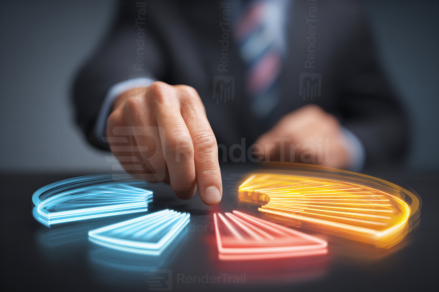 Business professional analyzing data trends with digital pie chart graphics at a modern office setting