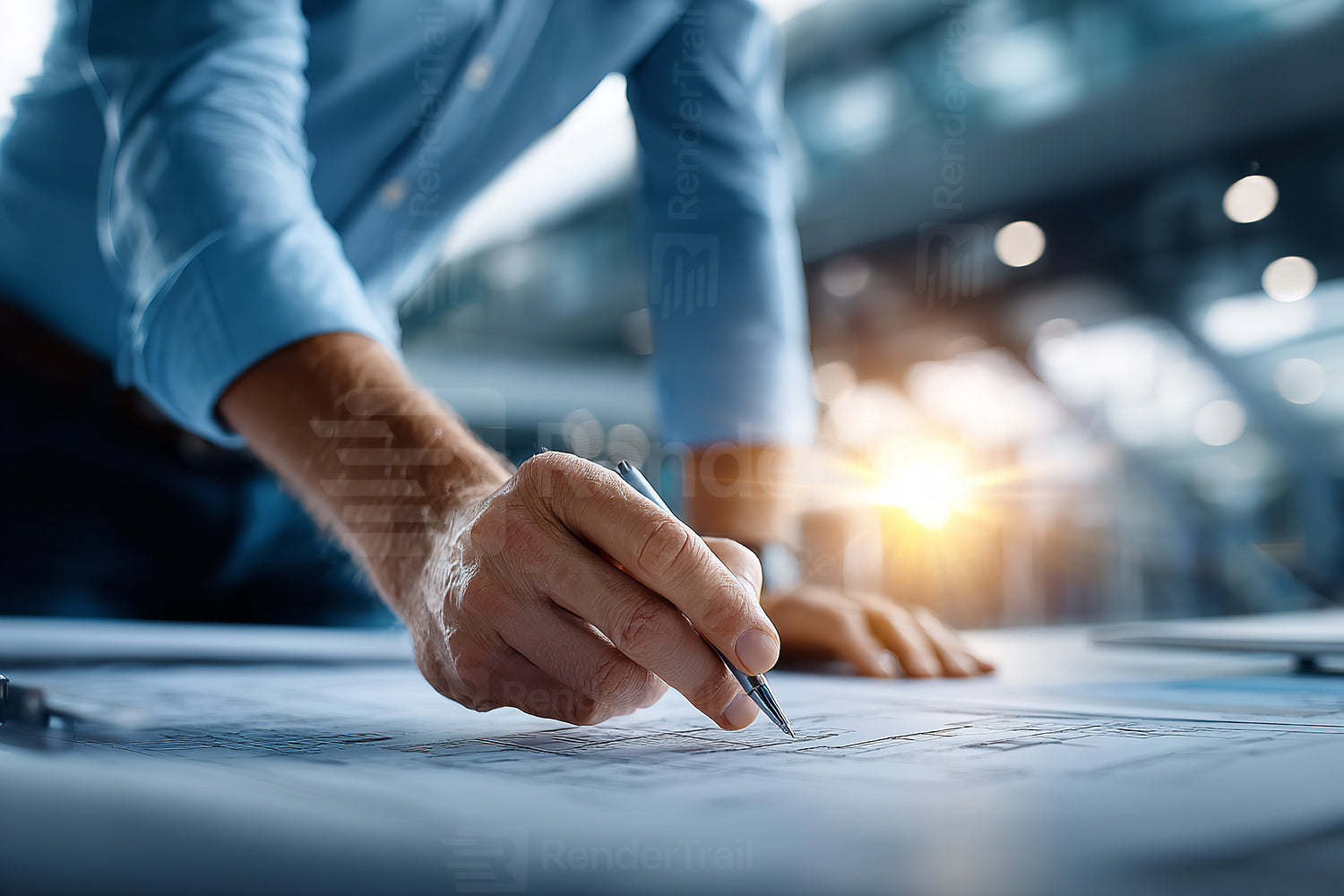 Person writing notes on a blueprint at an office during sunset in a modern workspace setting