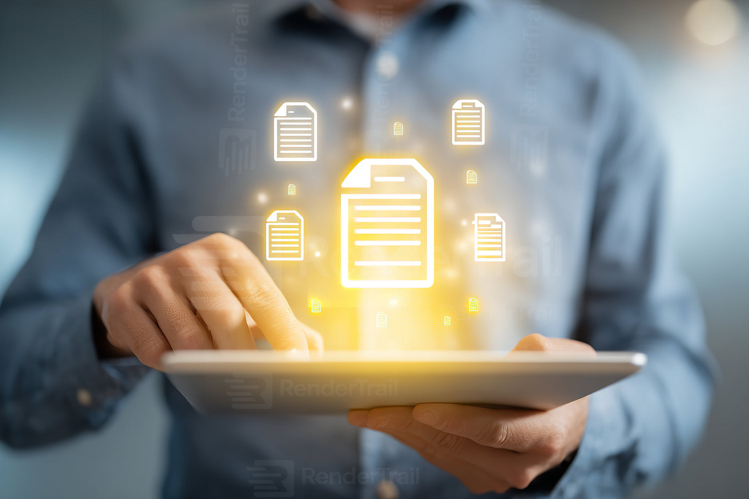 Digital document management in a modern workspace with a tablet