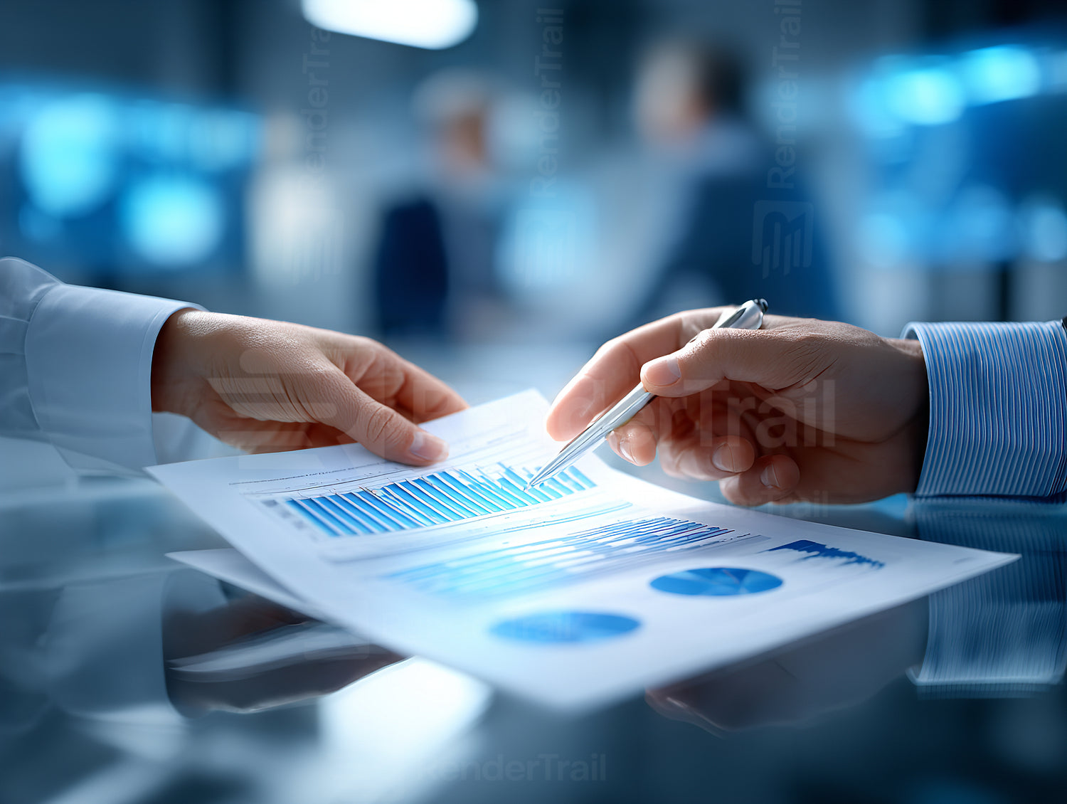 Business professionals reviewing financial reports and graphs in a modern office setting during a team meeting
