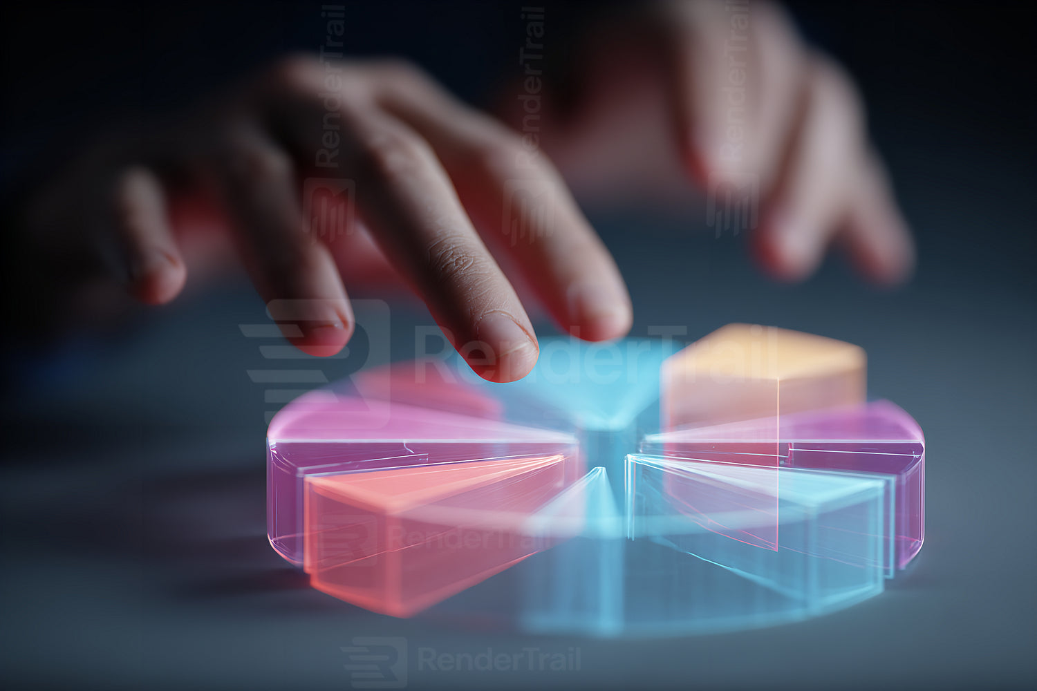 Colorful transparent shapes arranged in a circular pattern with hands reaching out to interact