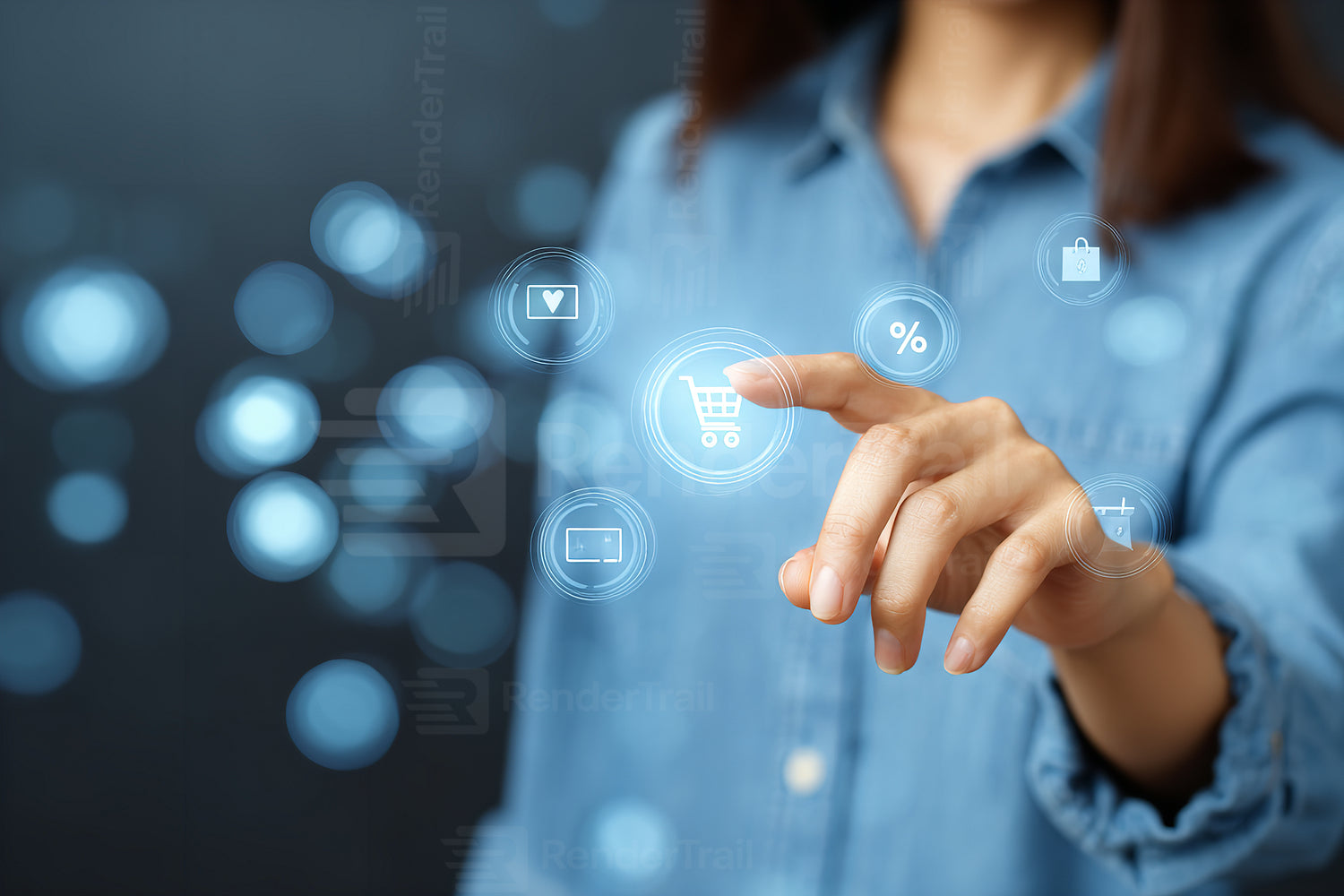 Hand touching virtual shopping icons in a creative digital space for online shopping experiences