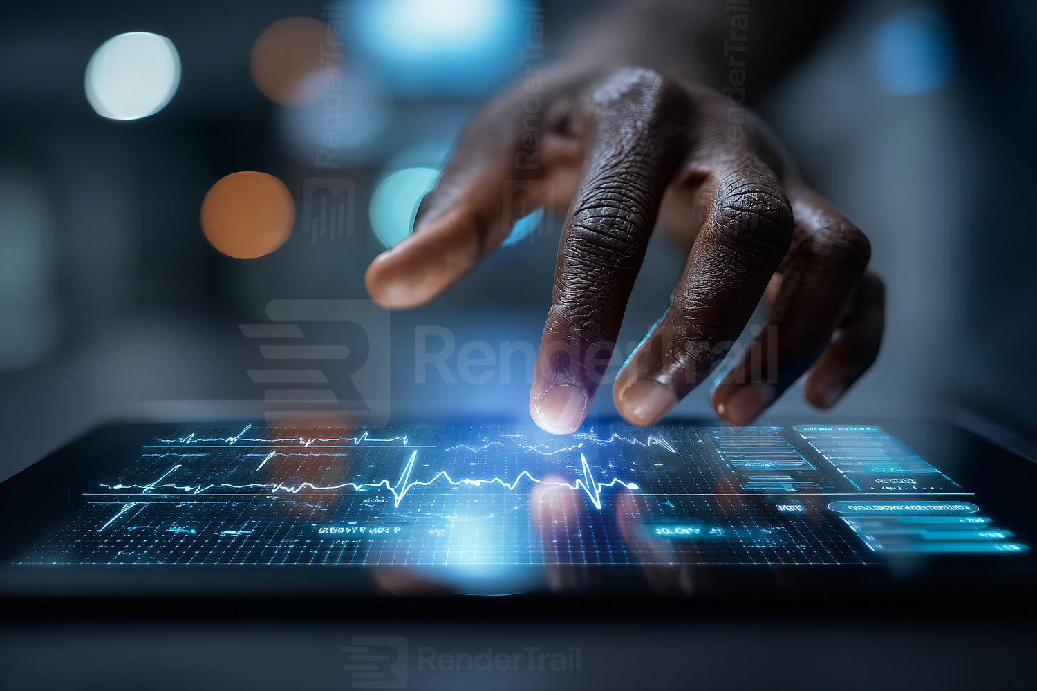 Hand interacting with touchscreen tablet displaying data analysis in a modern office setting during the evening
