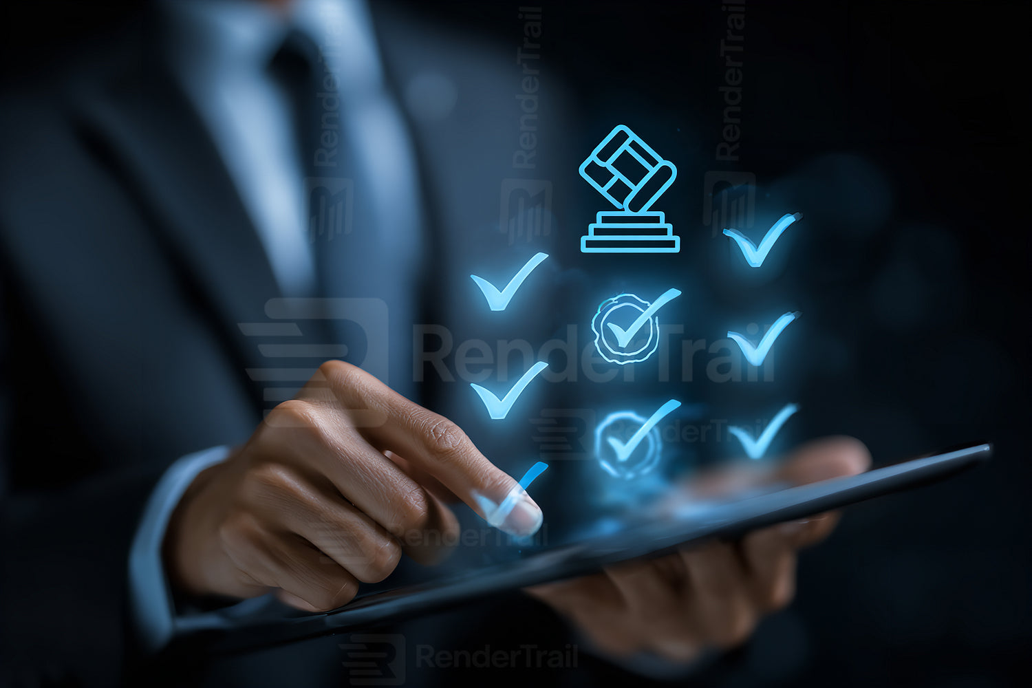 Business professional using digital tablet to manage tasks with checklists and icons in a modern office setting