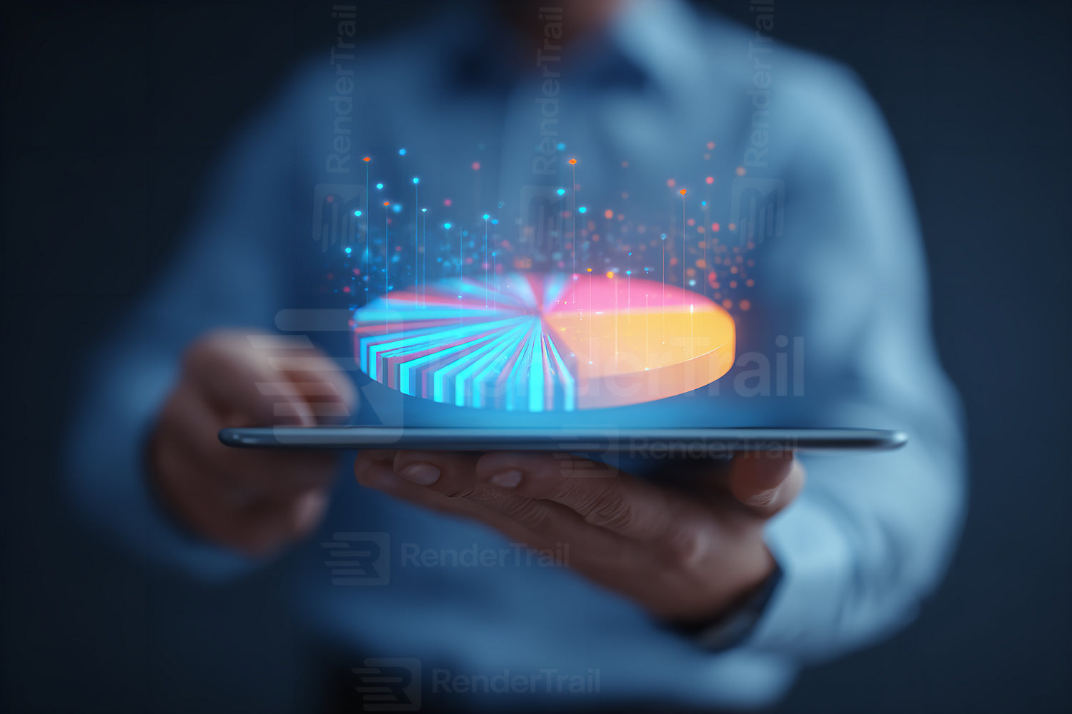 Person holding tablet displaying colorful 3D pie chart data visualization in a dark environment