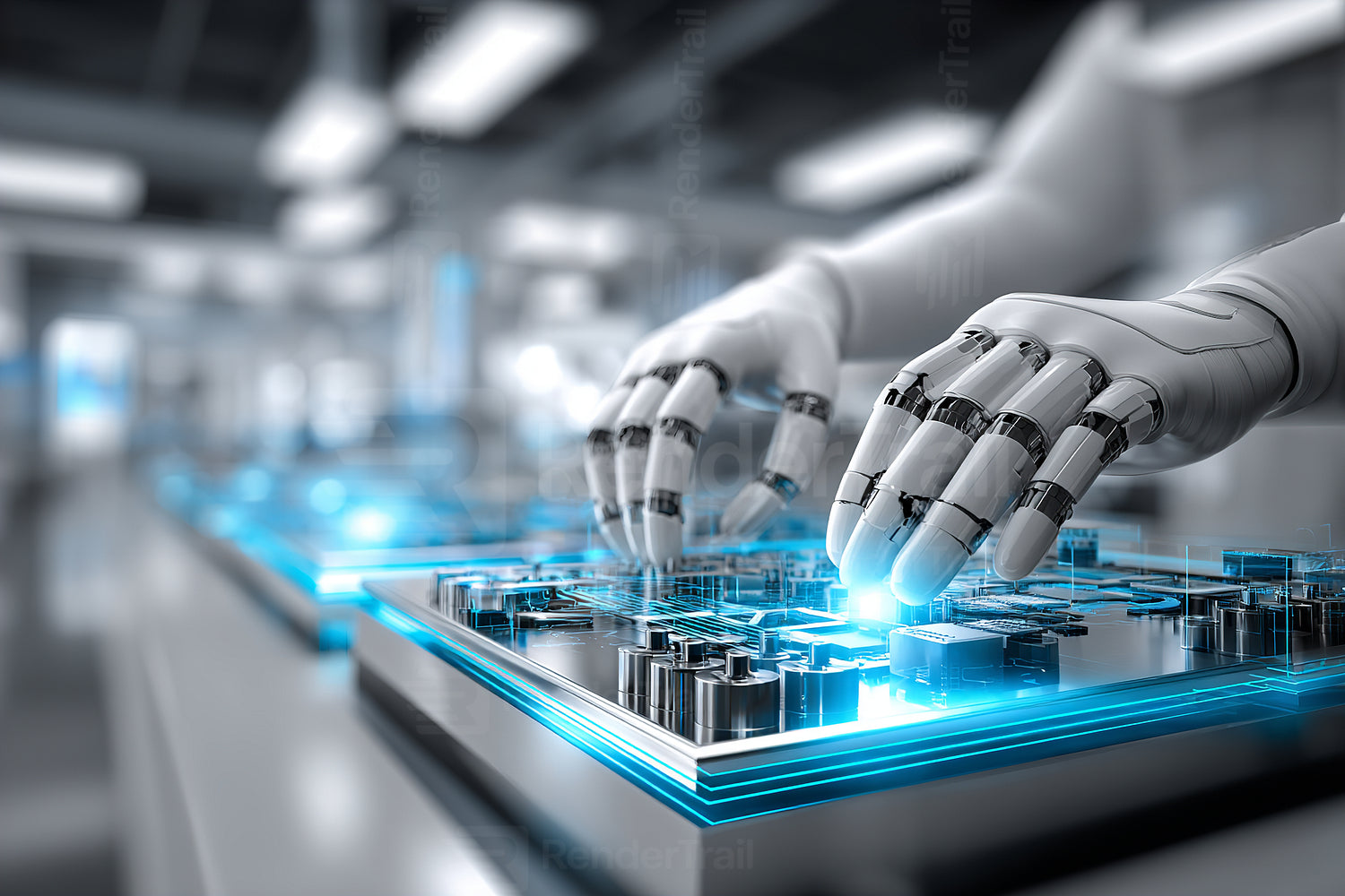 Robotic hands interact with a futuristic control panel in a high-tech laboratory setting