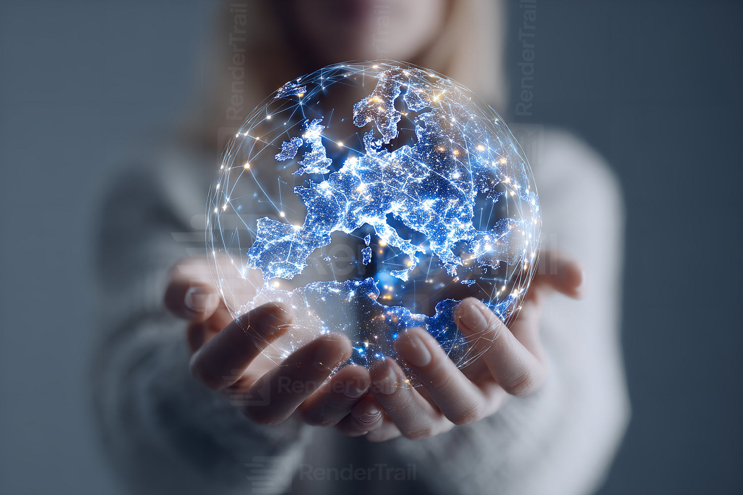 Hands holding a glowing globe representing Europe, illustrating connection and technology in modern society