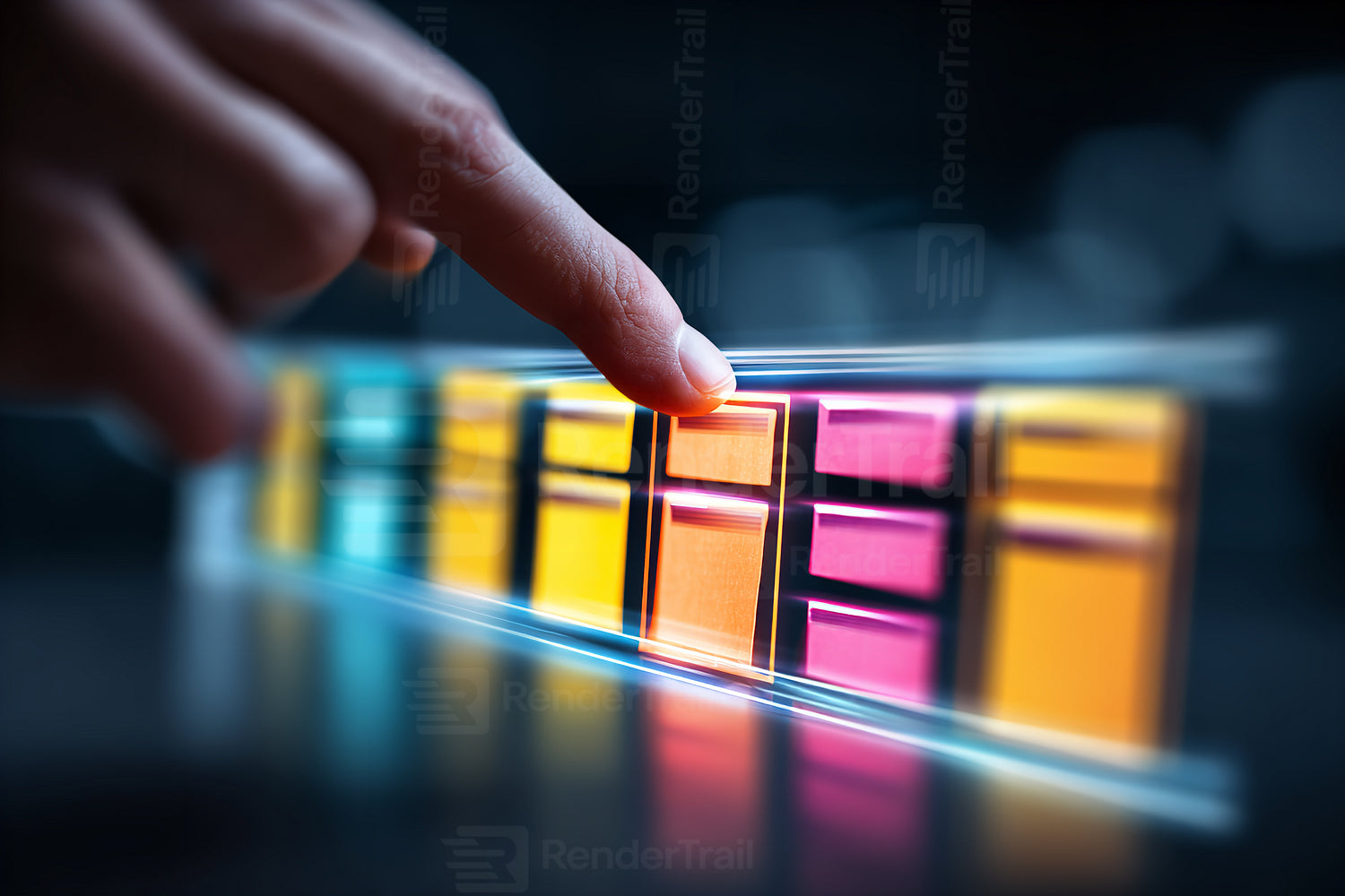 Finger touches colorful buttons on a sleek control panel inside a modern tech environment