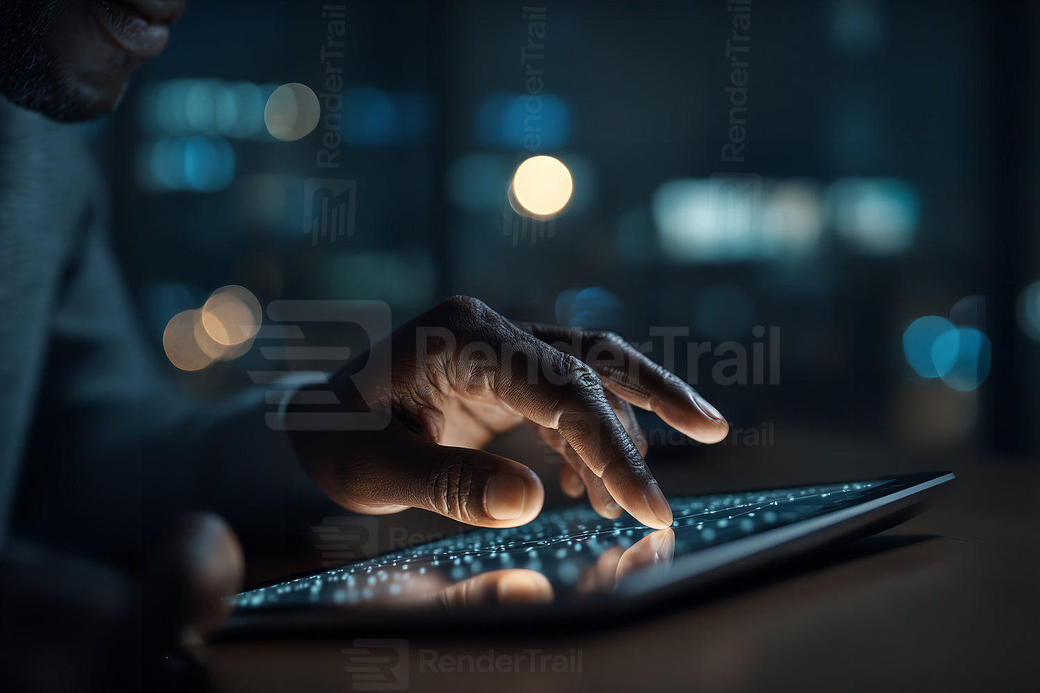 Person using a tablet in a dimly lit room with city lights in the background during nighttime hours