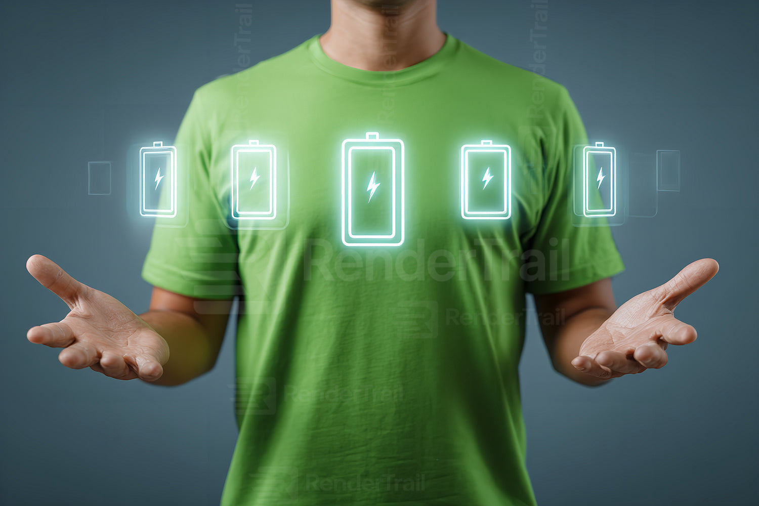 Person in green shirt displaying battery icons representing energy and charging concepts