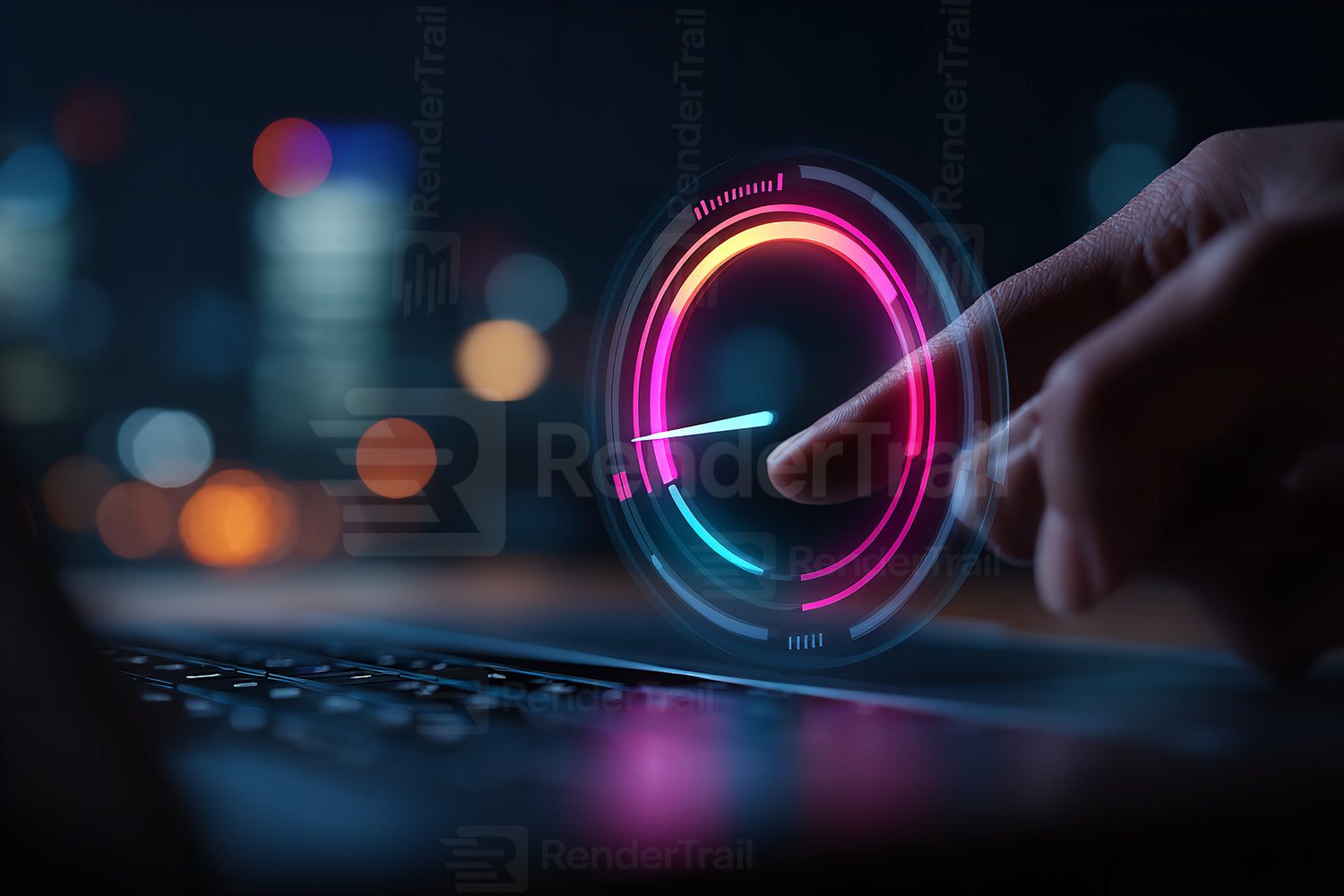 High-tech finger interacting with digital interface in a vibrant city at night