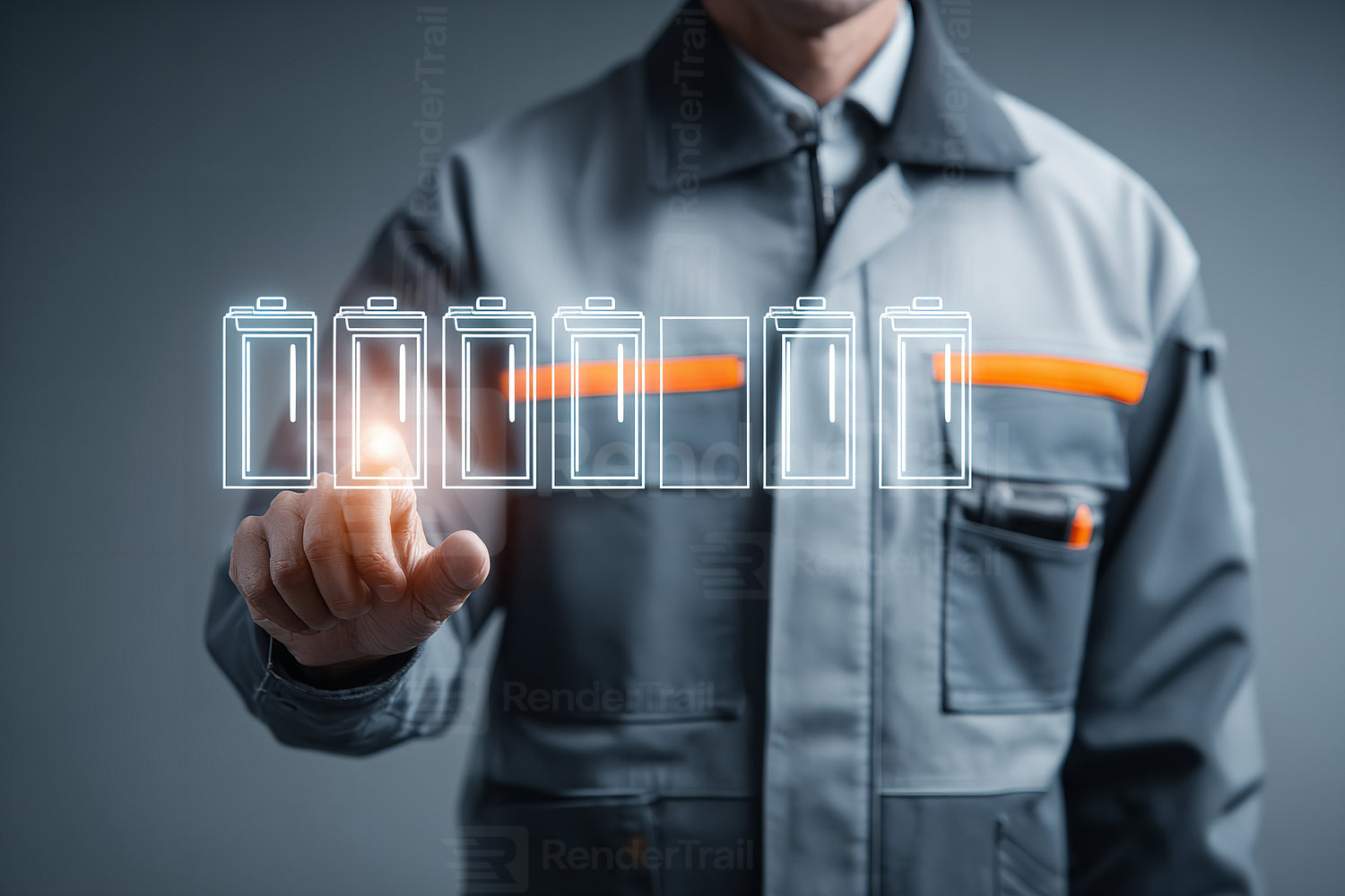Worker checking battery levels on a digital interface in an industrial setting during daylight hours