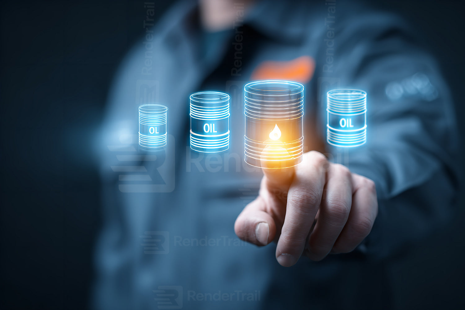 Man interacts with digital oil data in a professional setting, highlighting energy industry trends and technology advancements