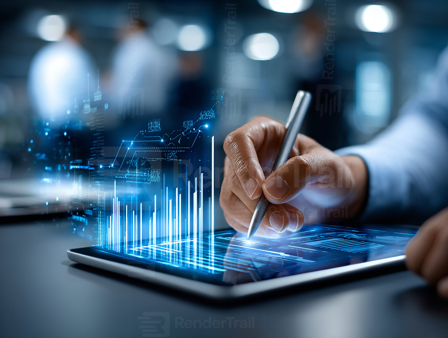 Professional working on digital tablet with data analysis graphics in modern office setting during the day