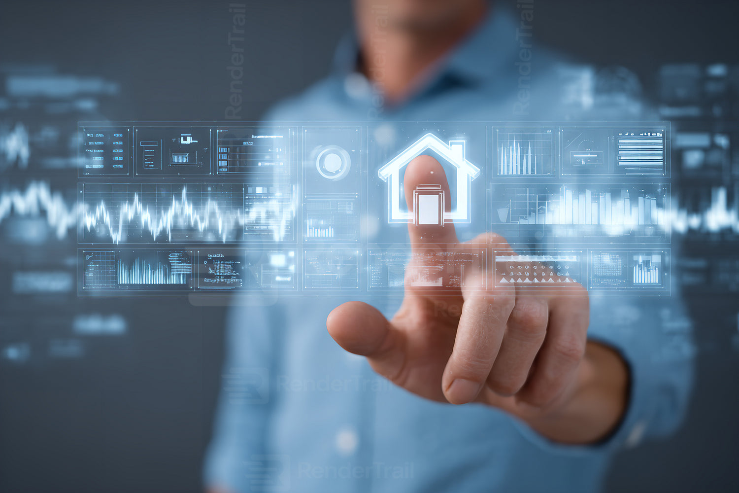 Digital home interface interaction by a man in a blue shirt at a modern workspace