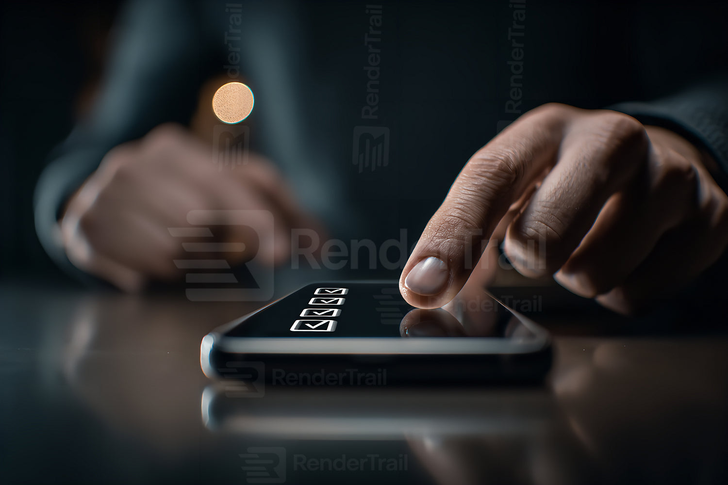 Person using smartphone to interact with a digital interface at night in a dimly lit environment