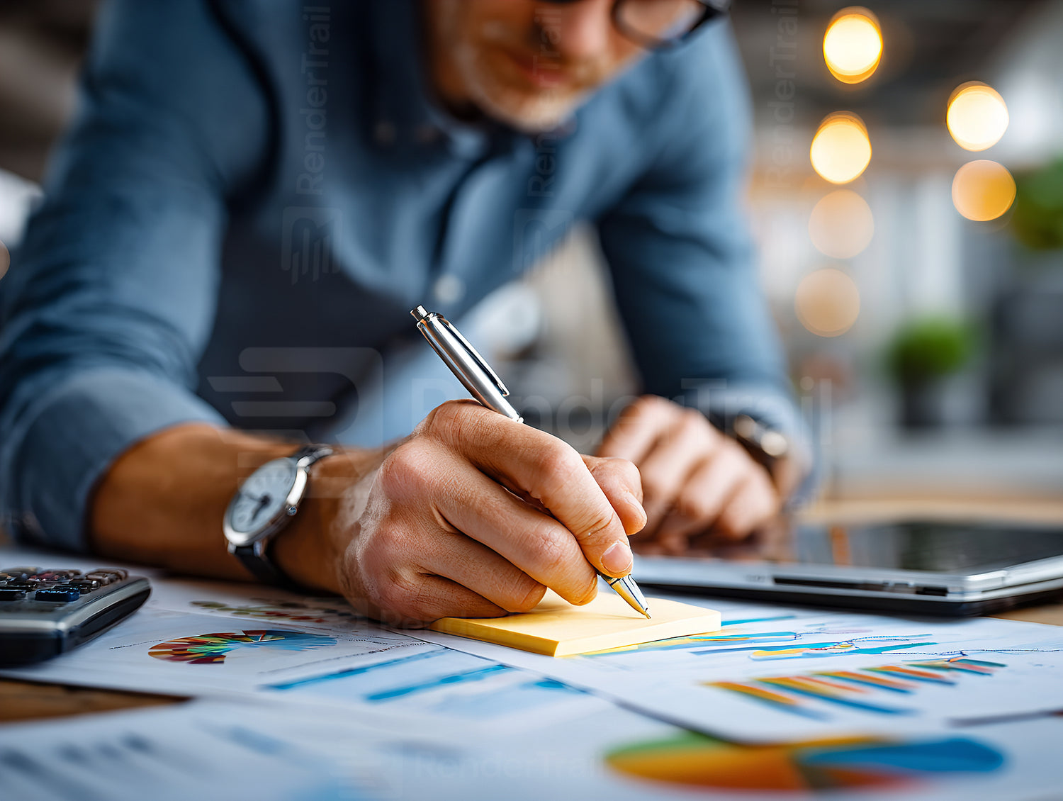 Business professional working on charts and data analysis in a modern office setting