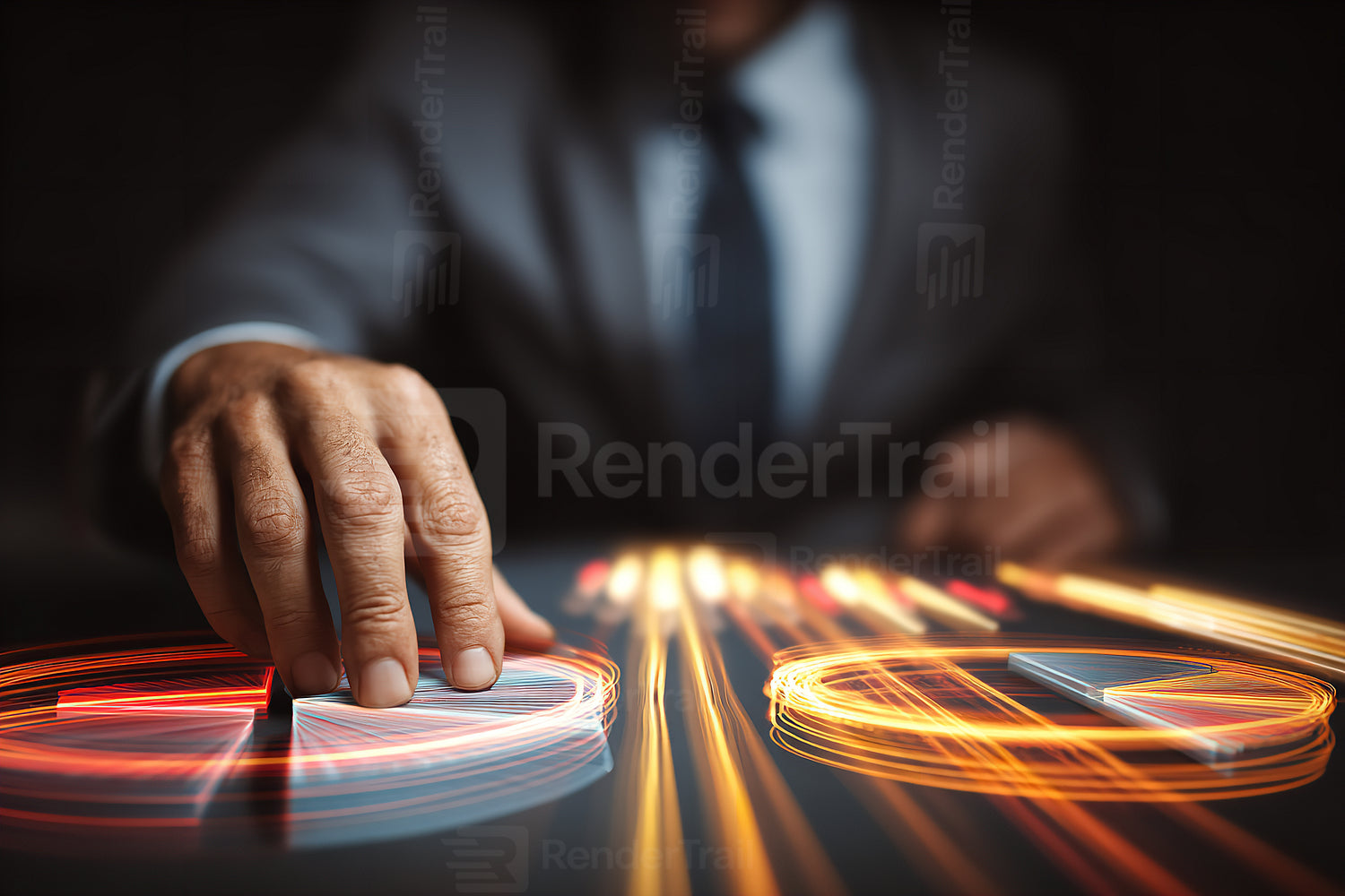 Professional man arranging playing cards on a table during a game night, with vibrant light trails in a dark background