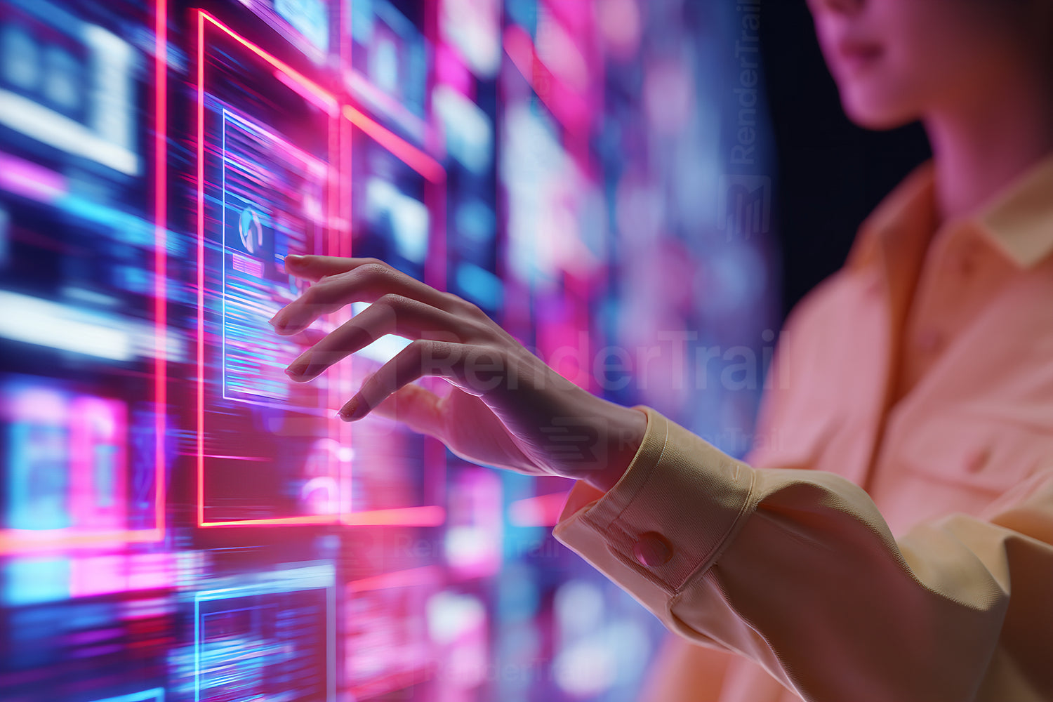 Modern technology in action as a person interacts with a vibrant touch screen display of data and visuals in a futuristic setting