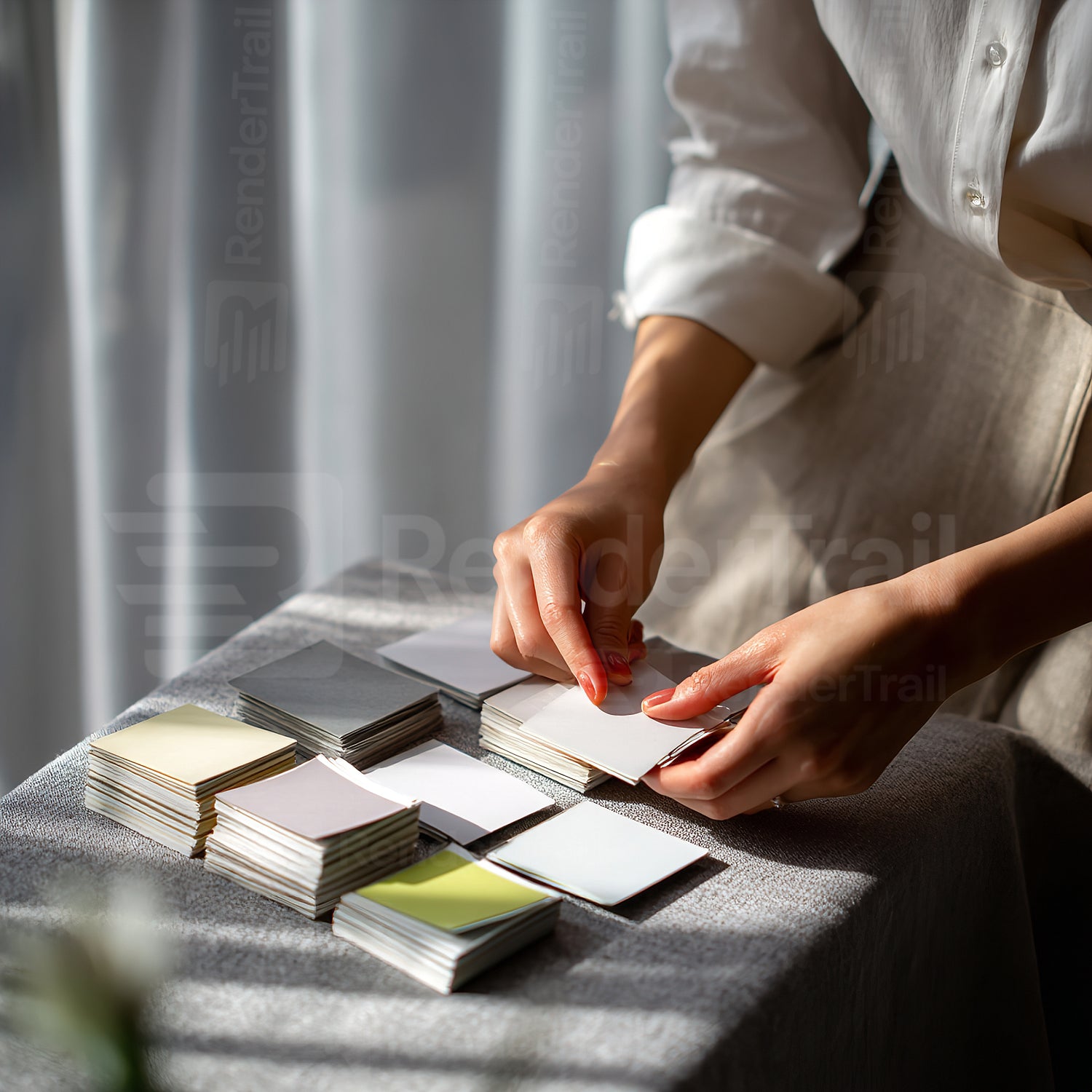 Person organizing blank cards on a table in soft natural light during the day