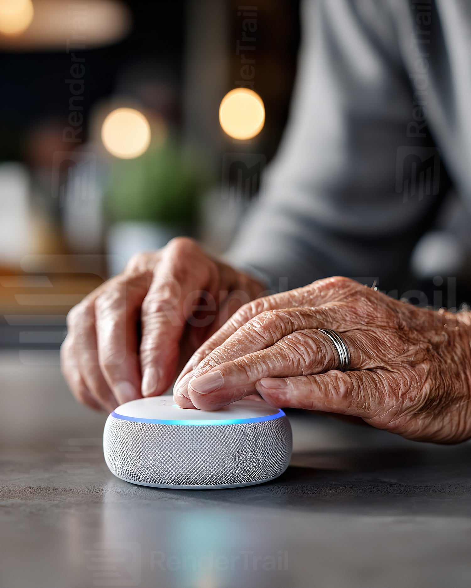 Hands interacting with a smart speaker in a cozy indoor setting during the evening