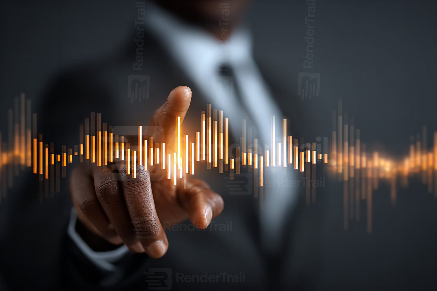 Businessman interacts with sound wave visualization in a modern office setting