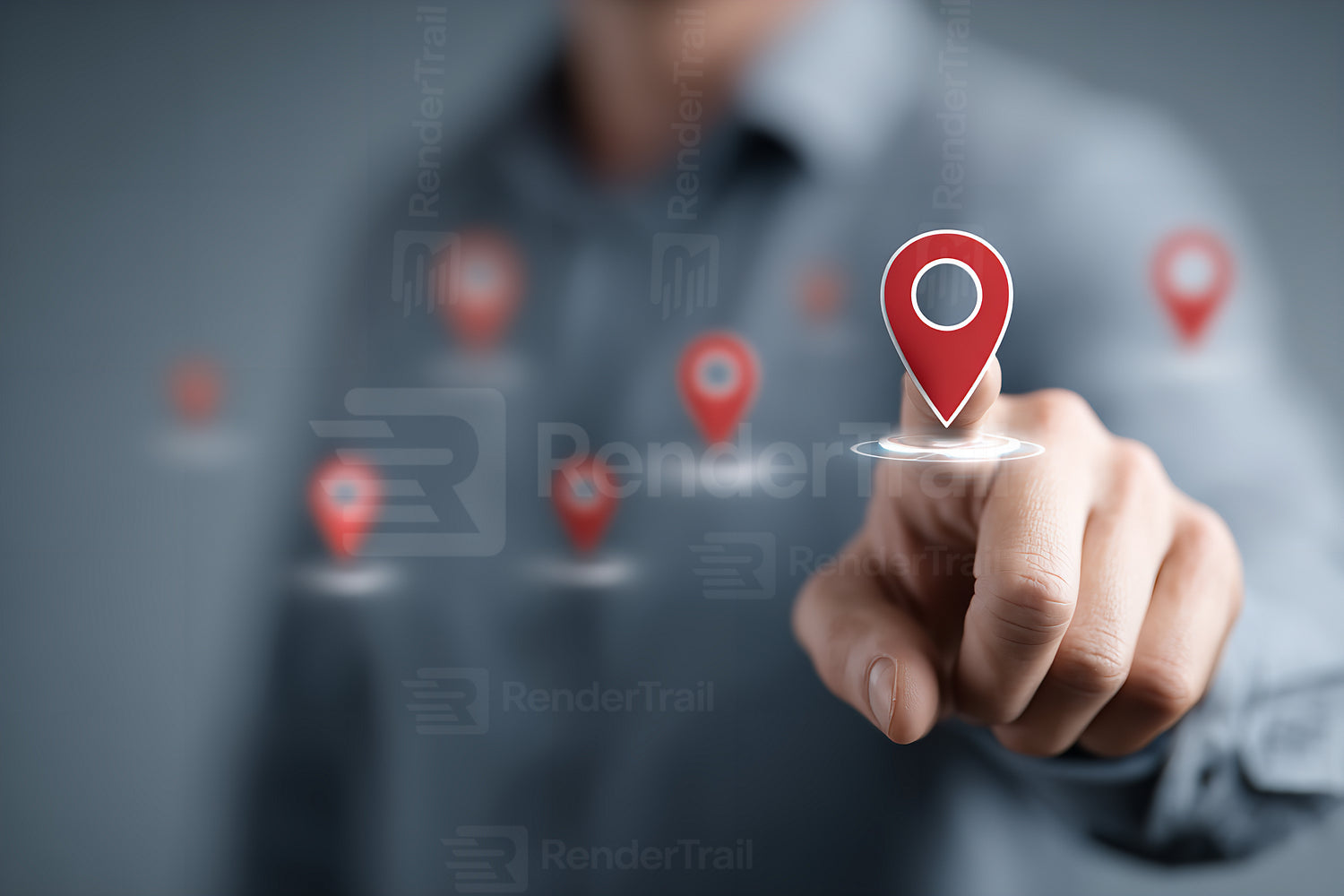 User interacts with digital location markers on a touchscreen interface in a modern setting