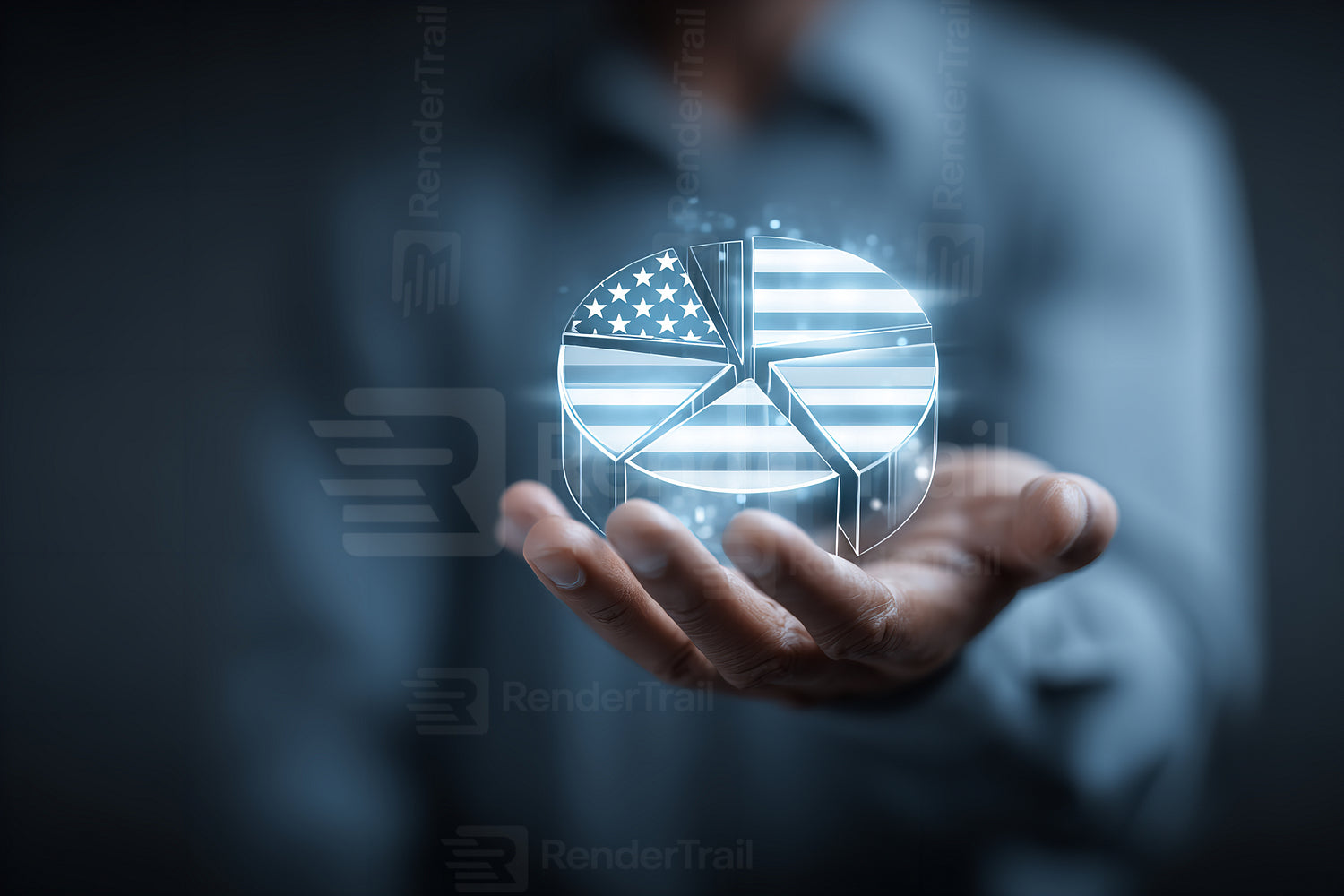 Businessman holding a holographic pie chart with the American flag design in a modern office setting