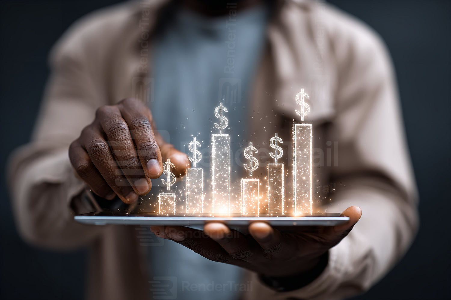 Person holding tablet with financial growth chart and dollar signs in an urban setting during the evening