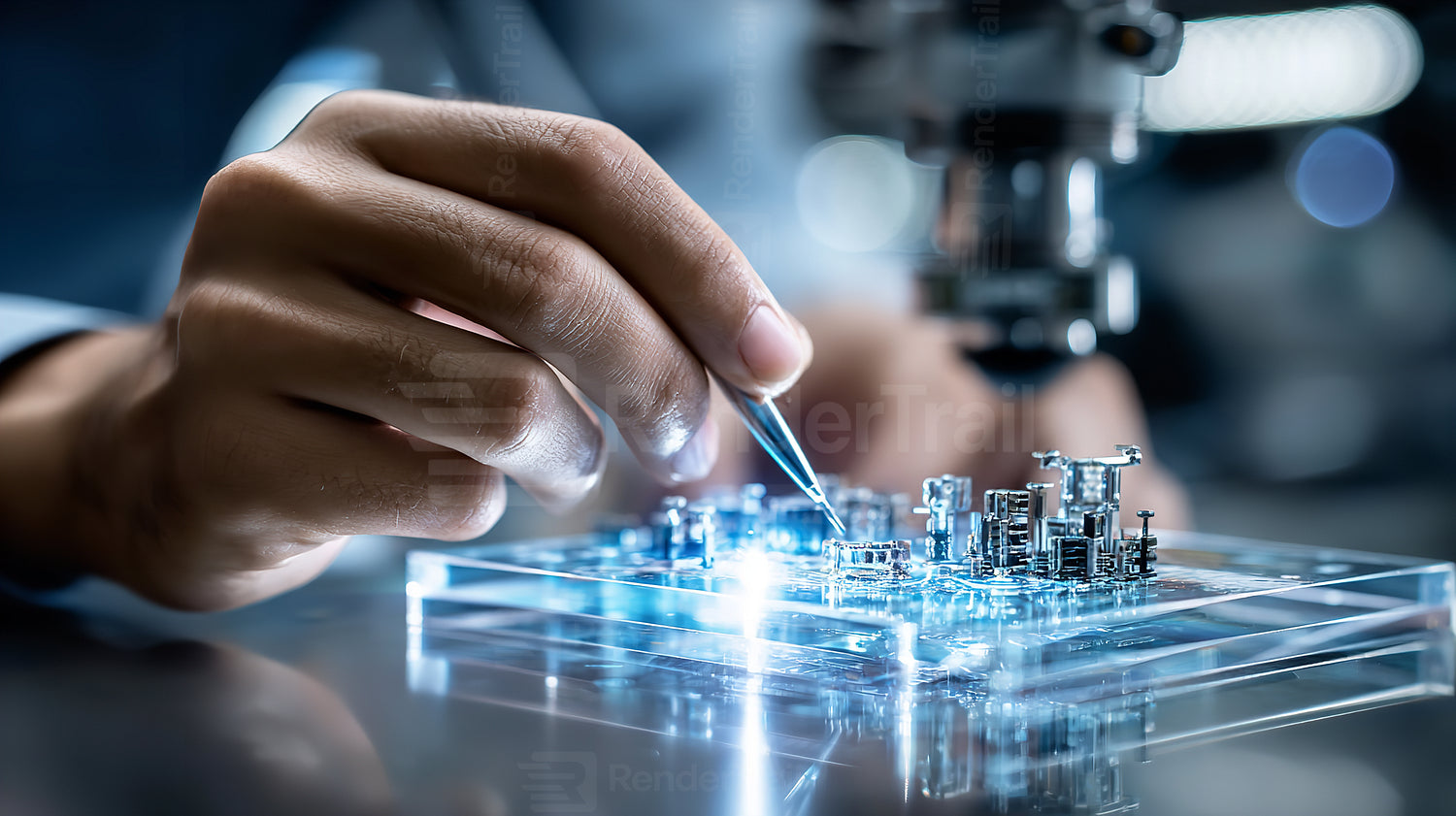 Close-up view of a hand working on a circuit board under a microscope in a modern laboratory setting
