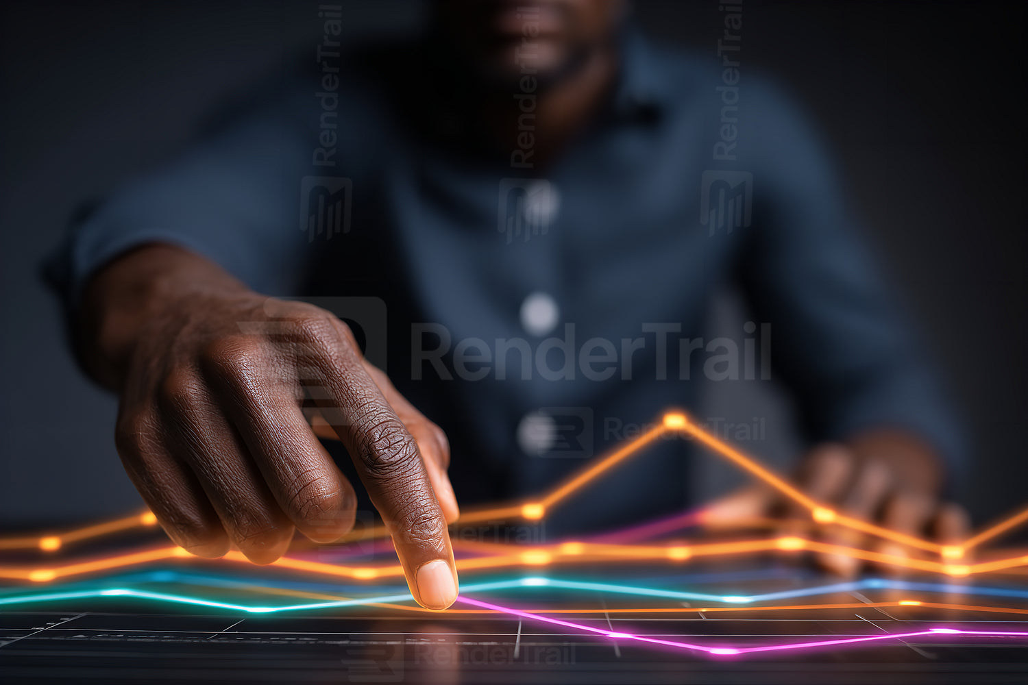 Person analyzing digital data trends with colorful graphs at night in a modern workspace