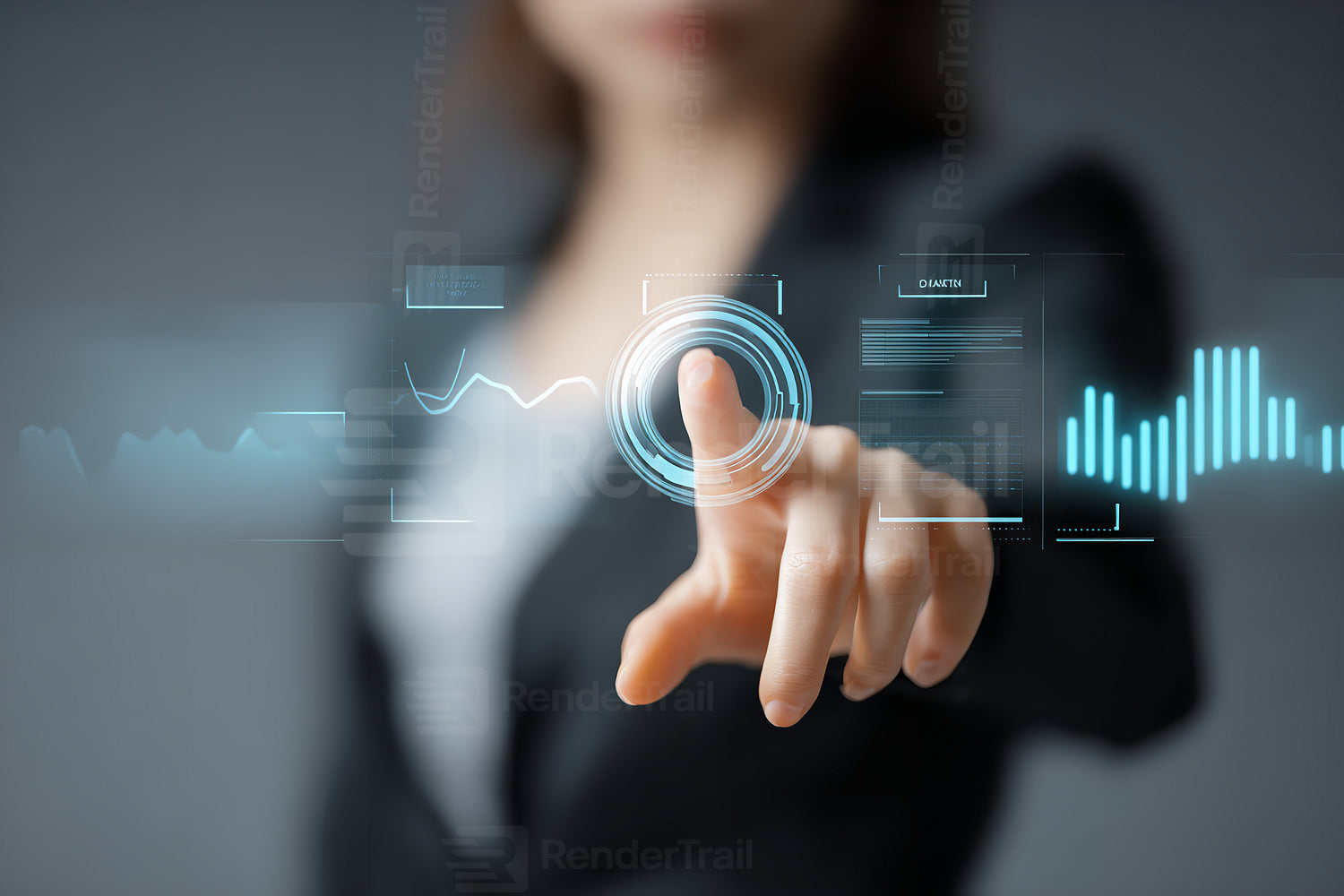 Business professional interacting with futuristic interface in a modern office setting