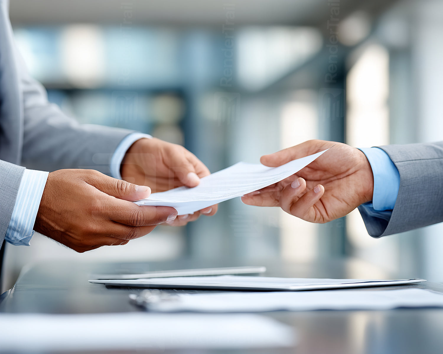 Business professionals exchanging important documents in a modern office setting during a meeting