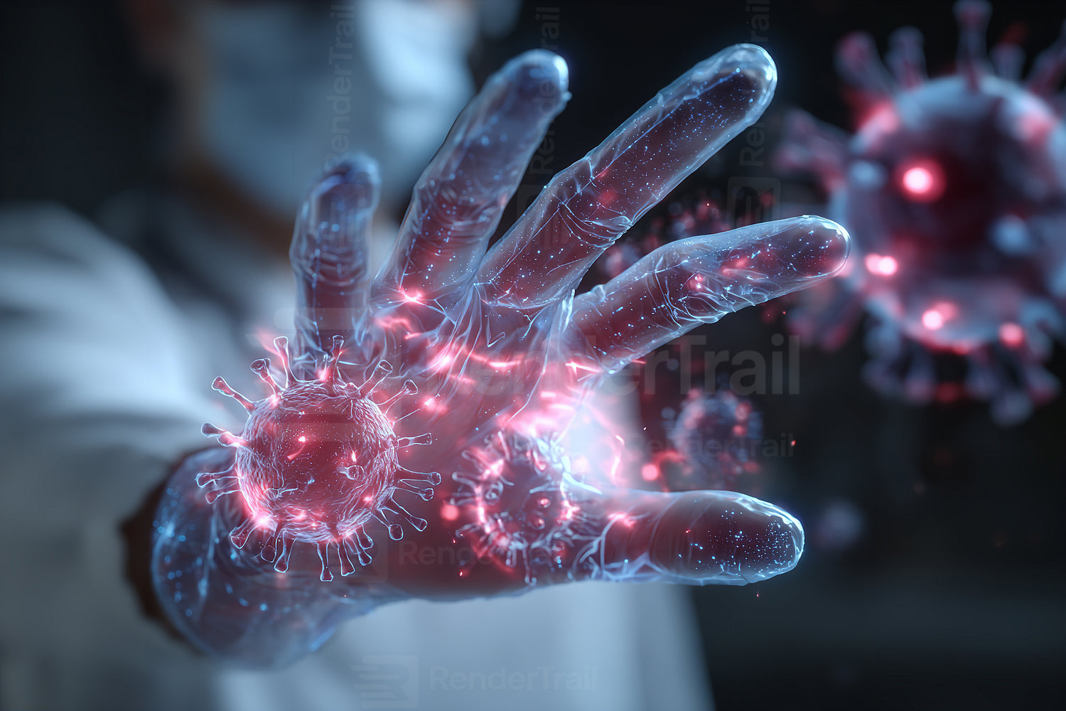 Scientist using technology to visualize and interact with viruses in a laboratory environment