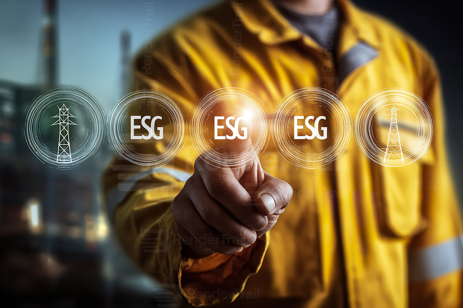 Worker engaging with ESG concepts in an industrial setting at twilight near oil rigs