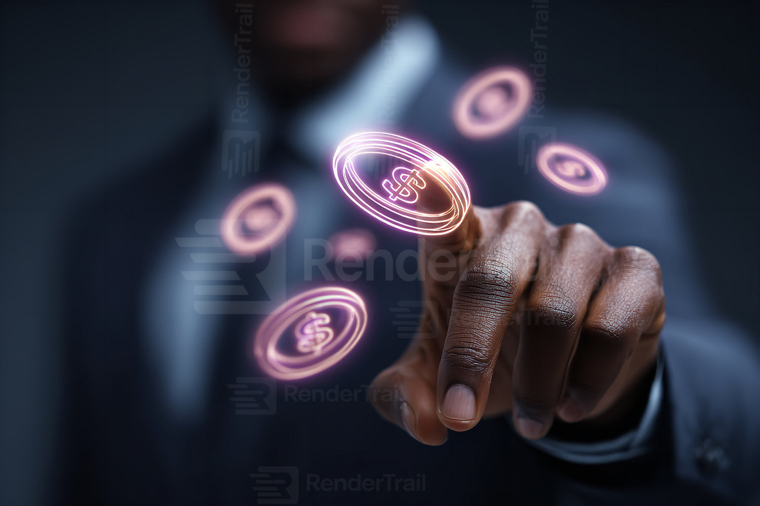 Business professional interacts with glowing dollar signs symbolizing finance and technology in a modern setting