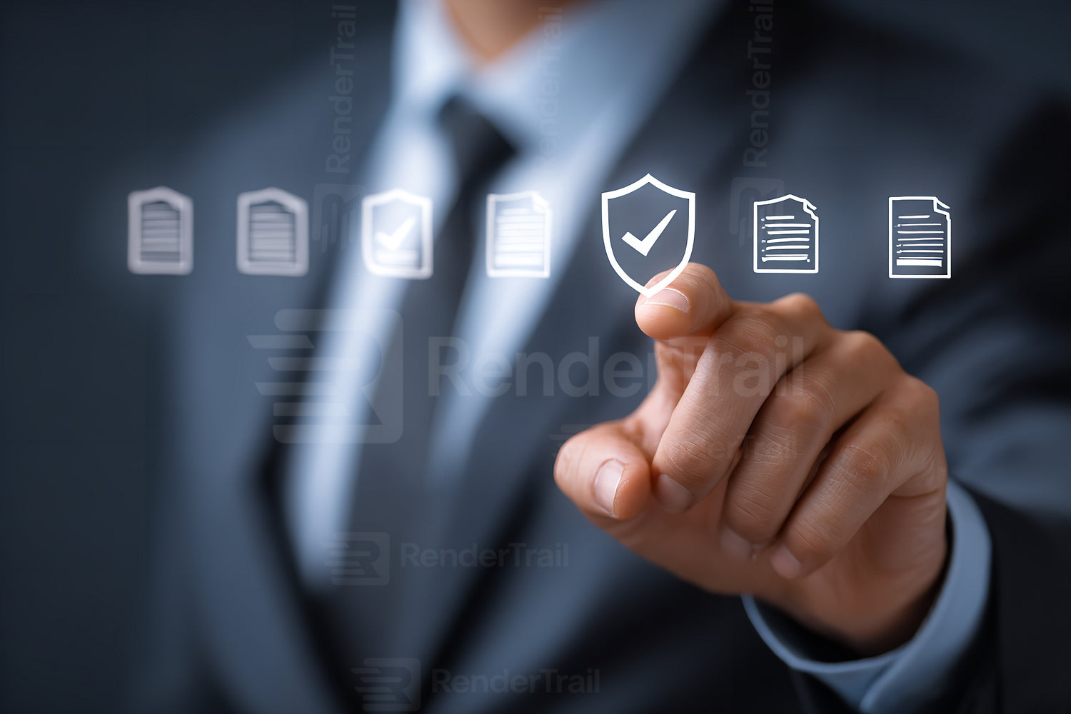 Business professional selecting digital document protection on a touchscreen interface in a modern office setting