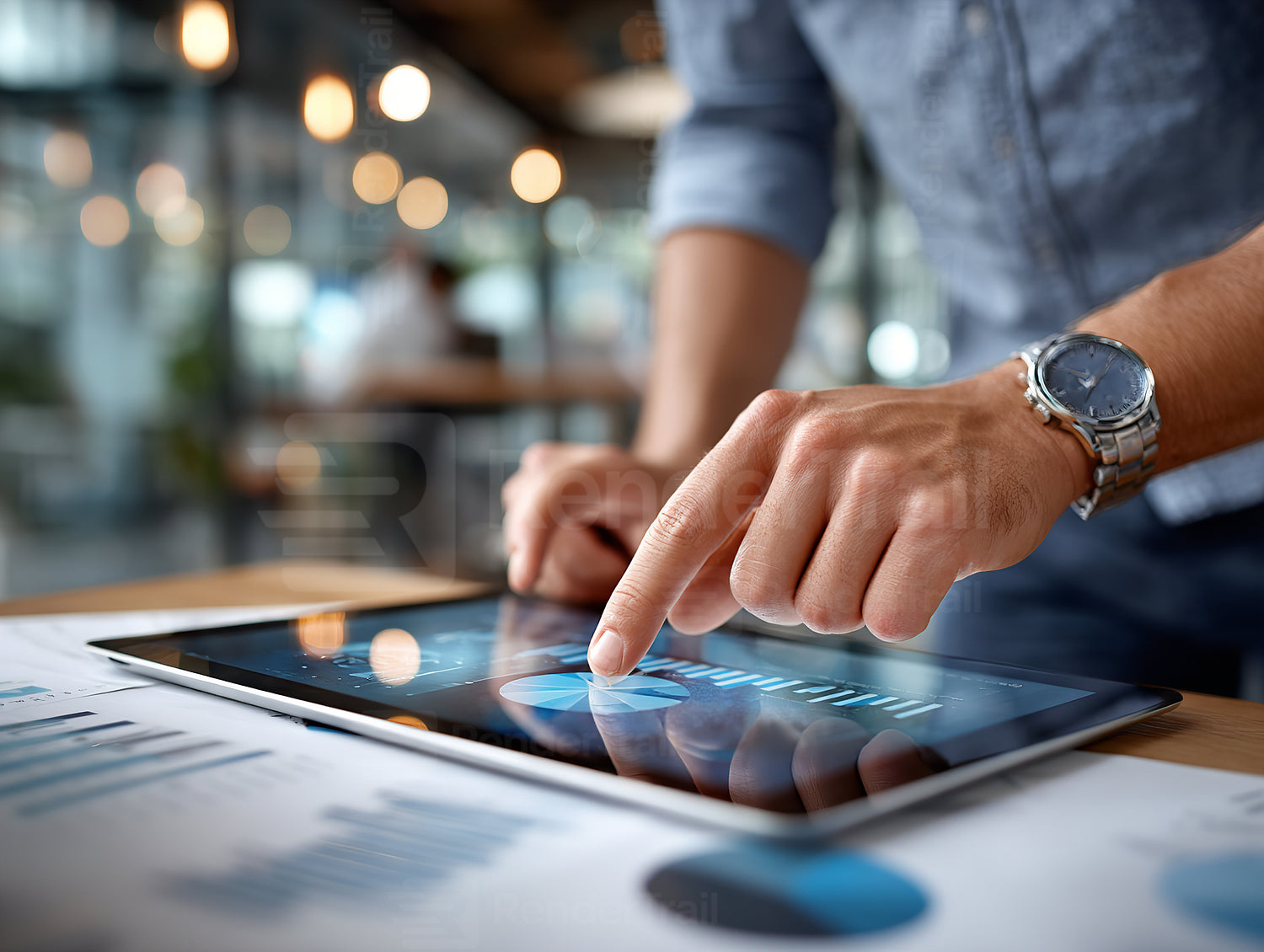Individual using a touchscreen tablet to analyze data charts in a modern office during daytime