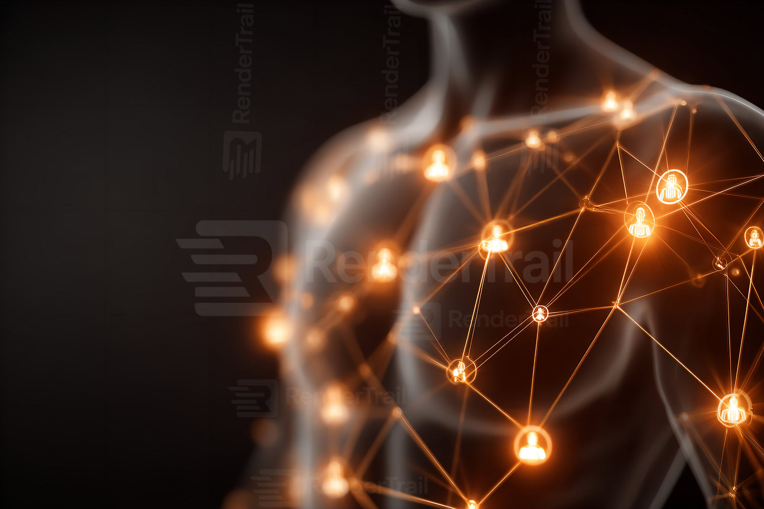 Connections and networks displayed on a human figure showcasing the future of technology and health in a digital age