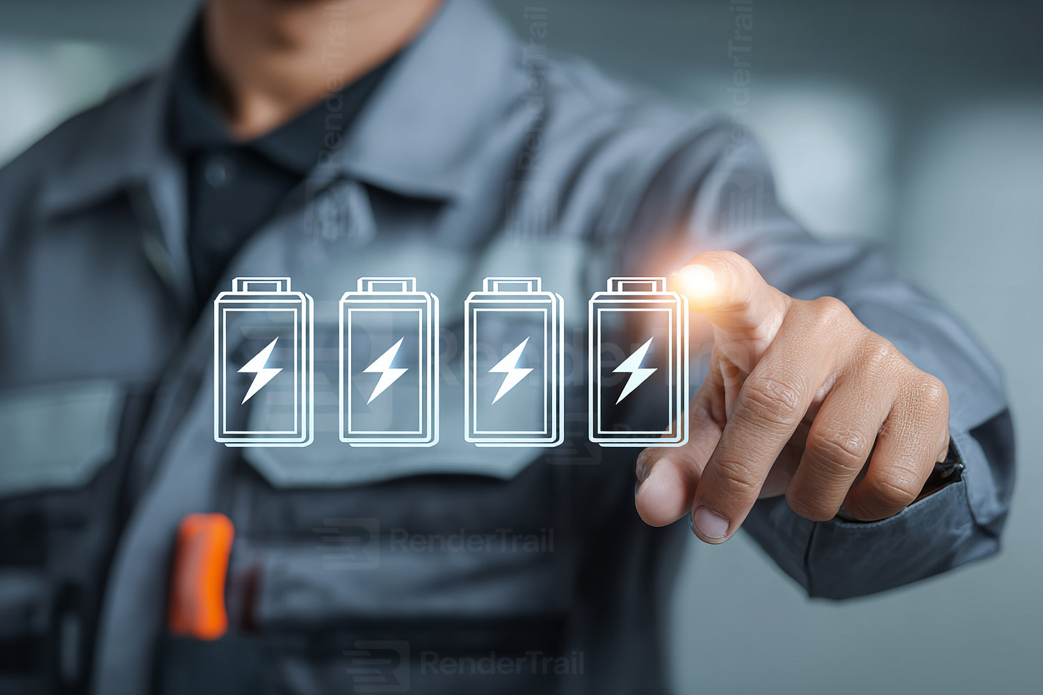 Worker interacts with battery icons to show energy management in a modern workspace