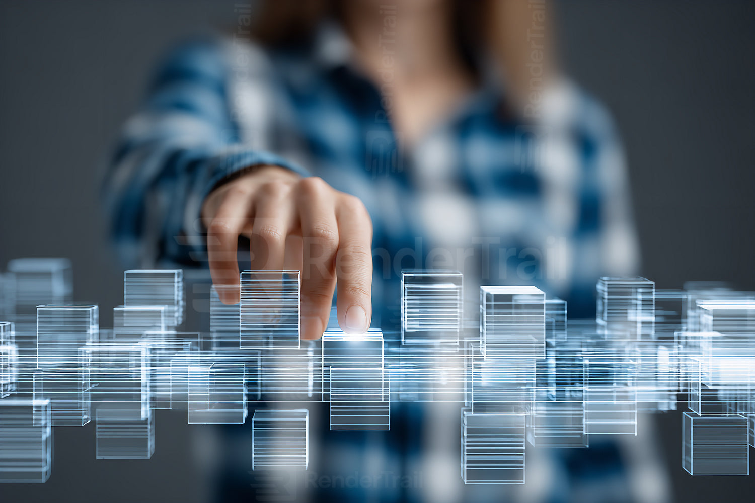 Woman interacting with transparent digital blocks in modern technology setting