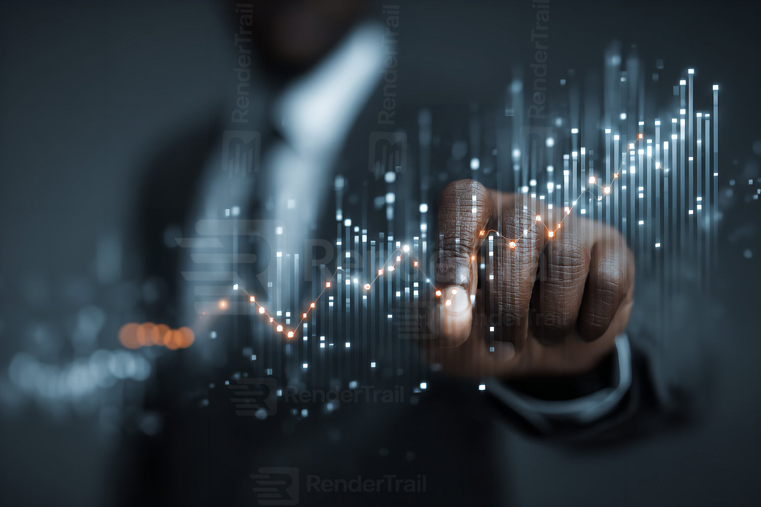 Business professional analyzing financial data and trends with digital graphs in a modern office setting