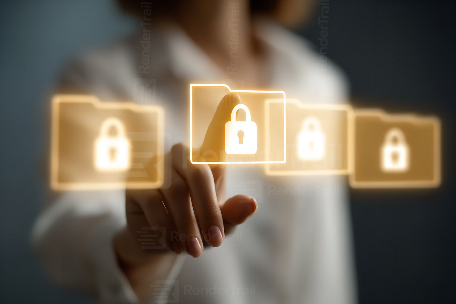 Digital security concept with a person interacting with locked folders on a touchscreen interface