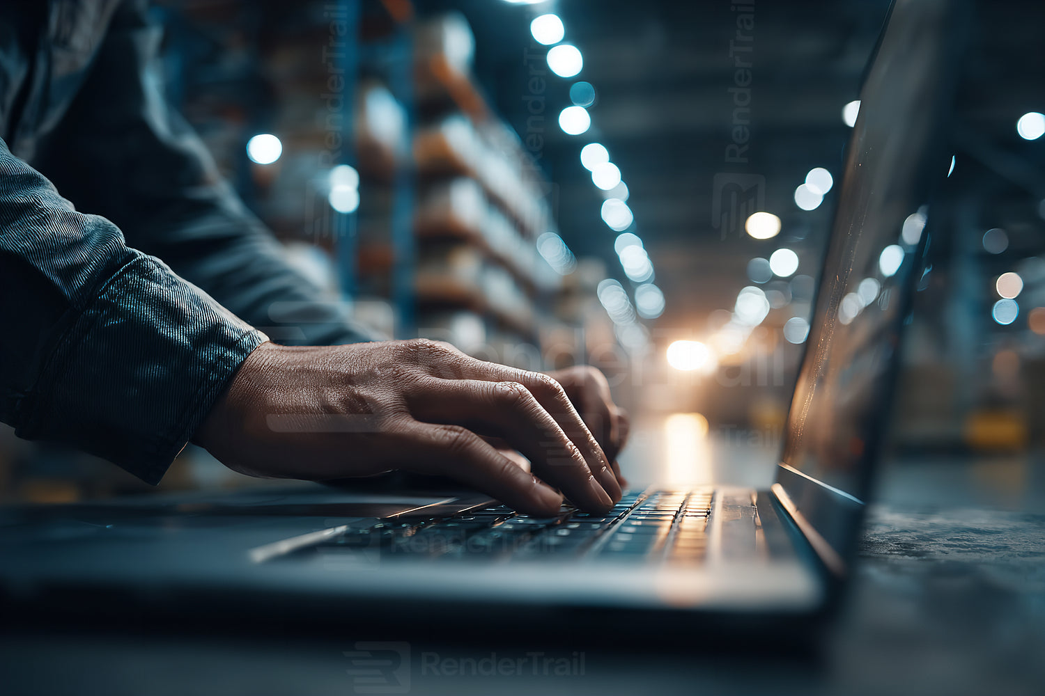 Employee working on laptop in a busy warehouse setting during working hours