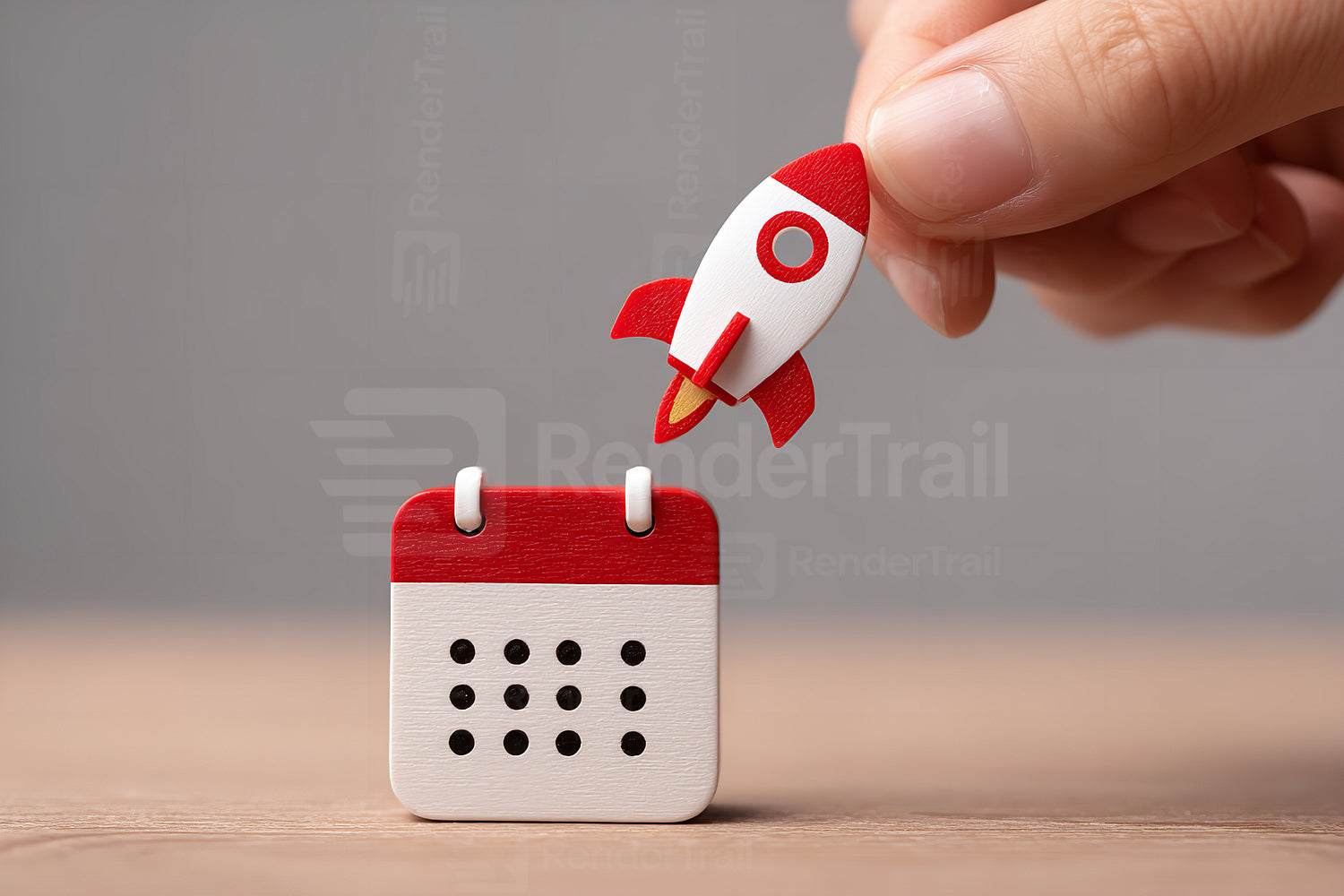 Setting a launch date with a rocket and calendar on a wooden table in a sleek office environment