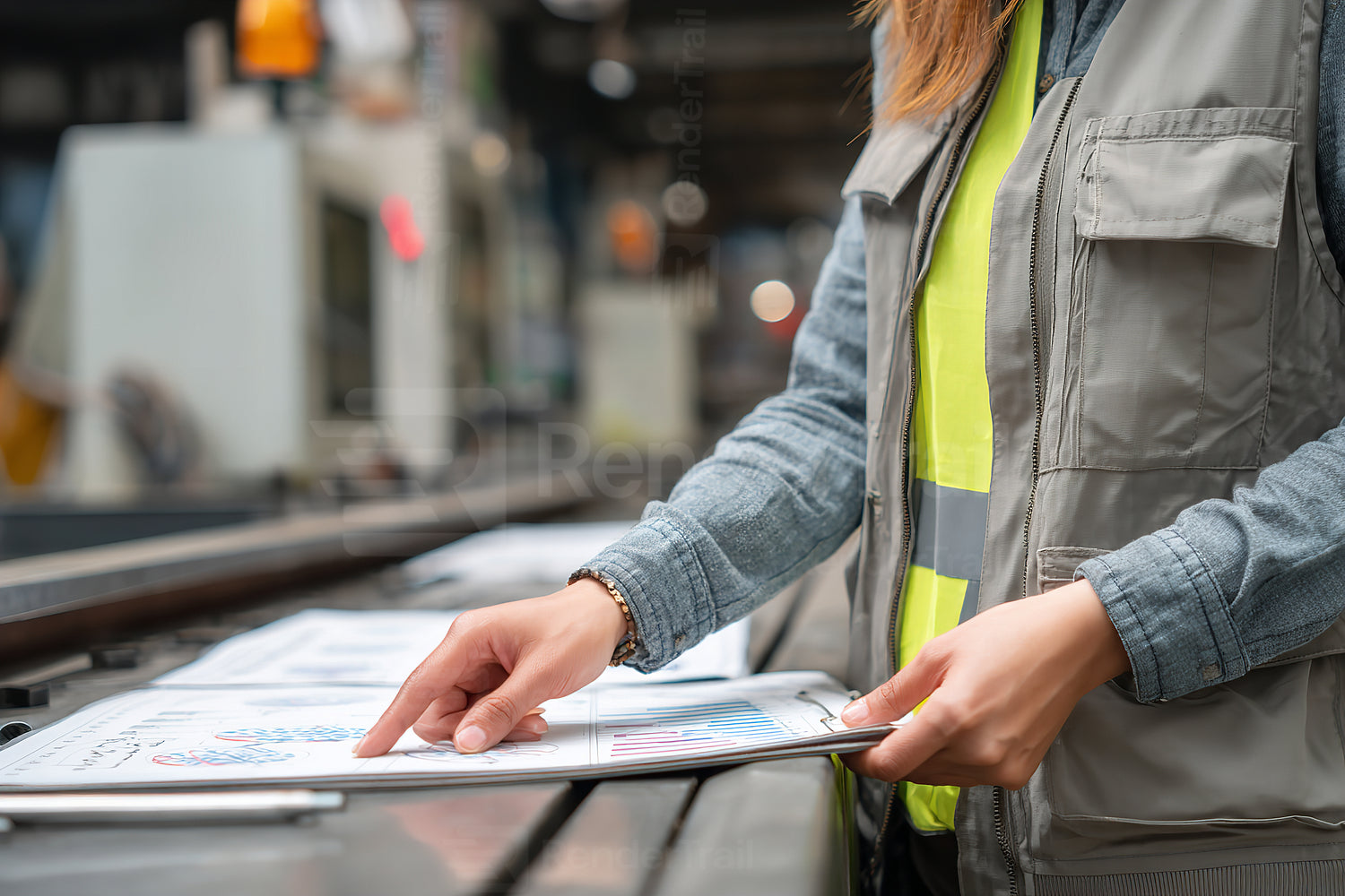 Worker examining printed materials in a bustling factory during morning hours