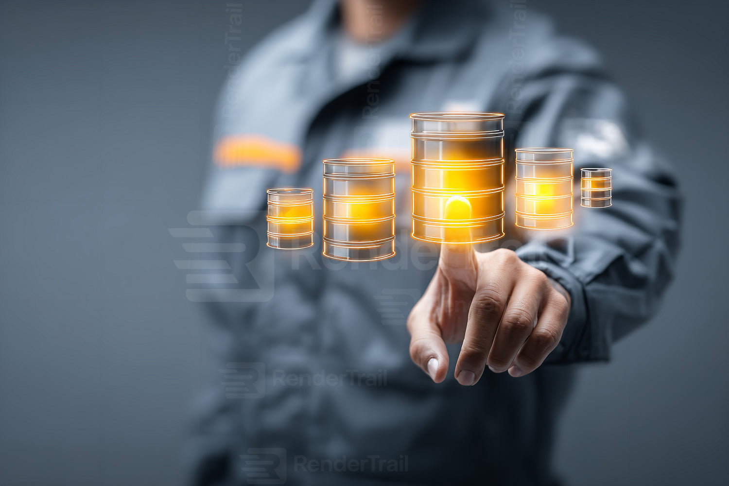 Worker interacting with virtual barrels in an industrial setting to enhance efficiency and safety