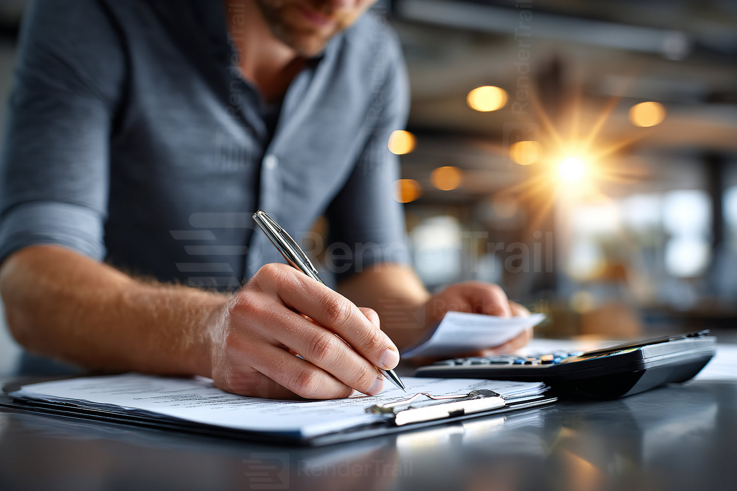 Business professional reviewing financial documents while calculating expenses in a modern office setting