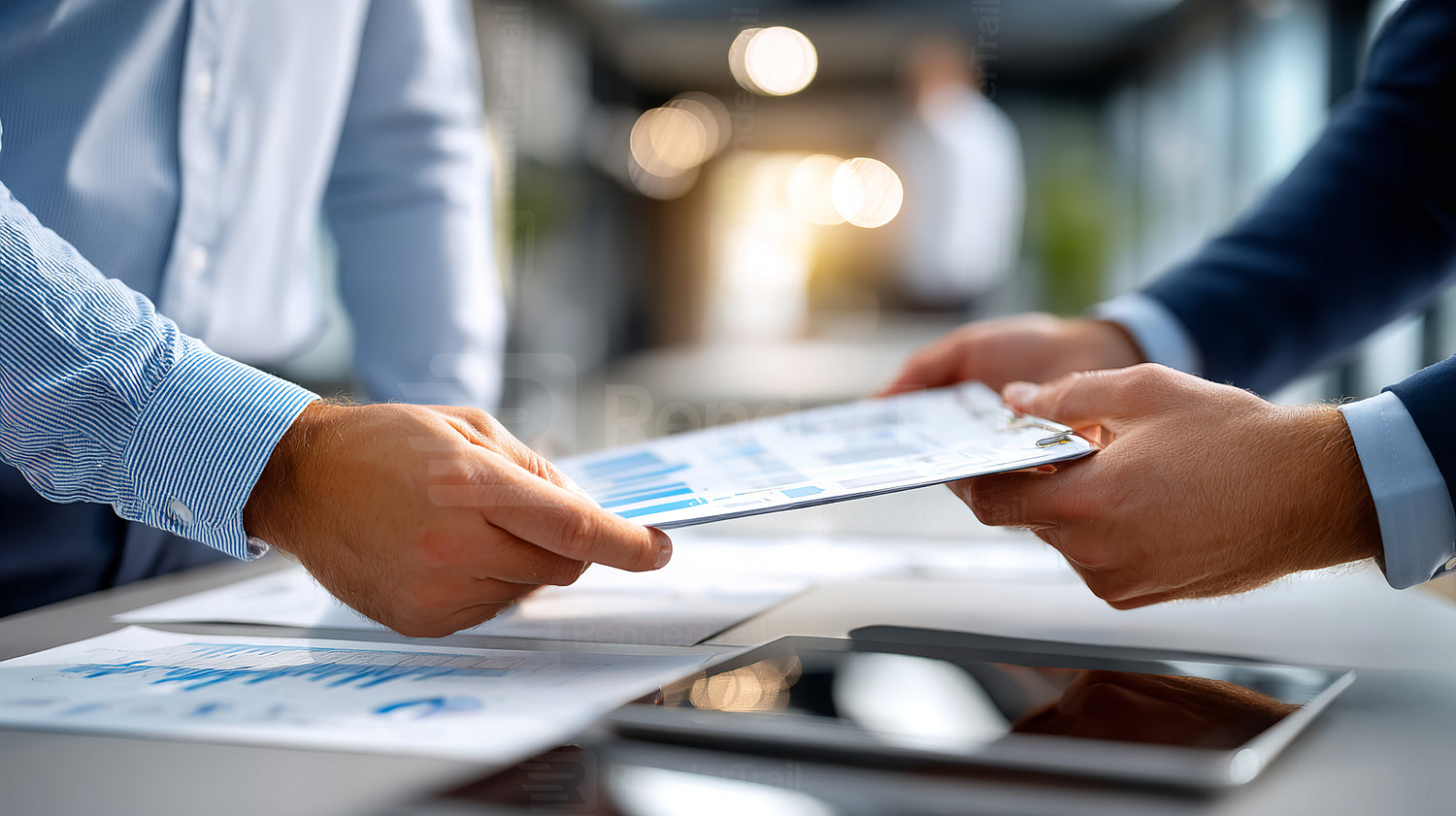 Business colleagues exchanging documents during a meeting in a modern office setting in daylight hours